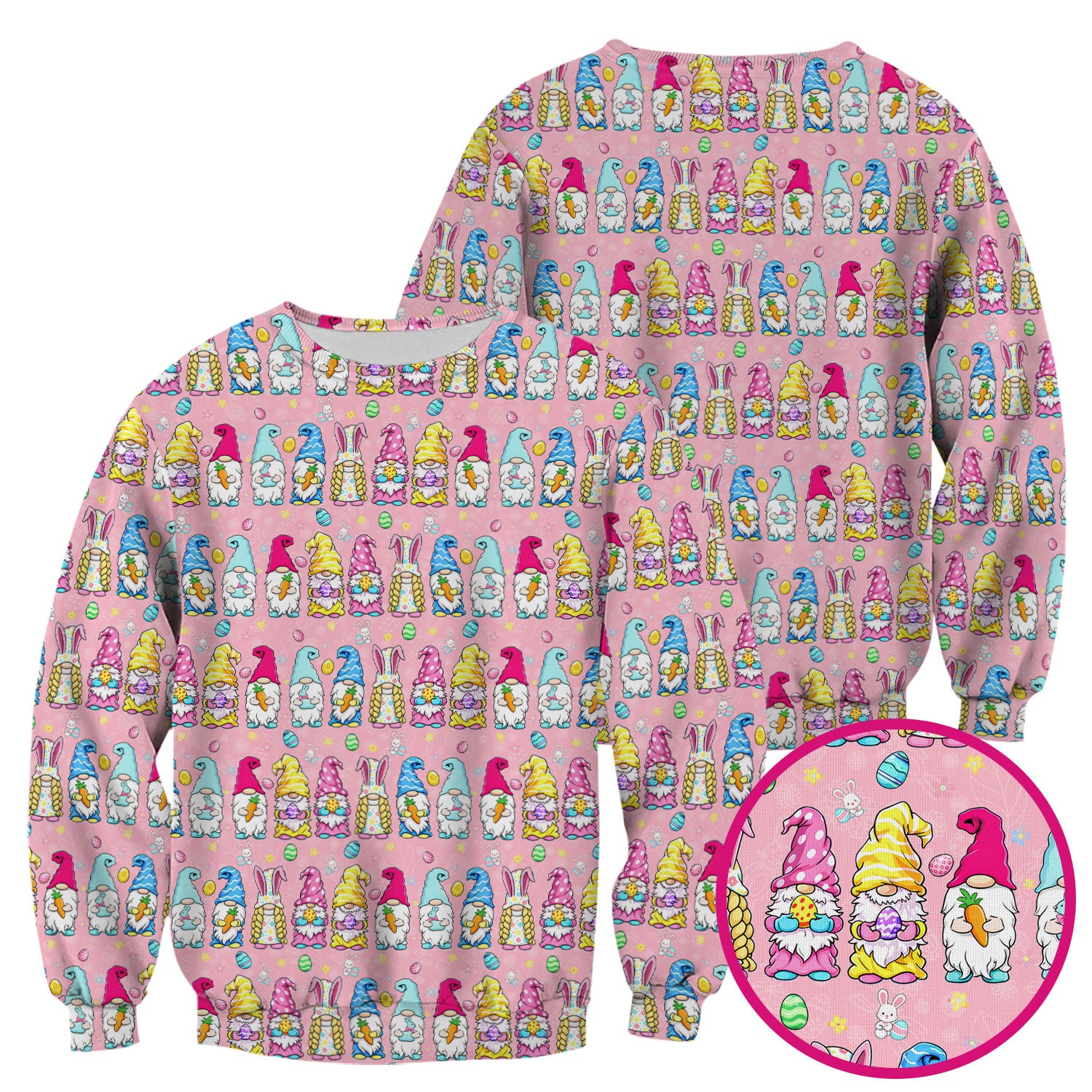 Colorful Easter Gnome Bunny Eggs Print Scrub Top, Comfortable Scrubs for Nurses