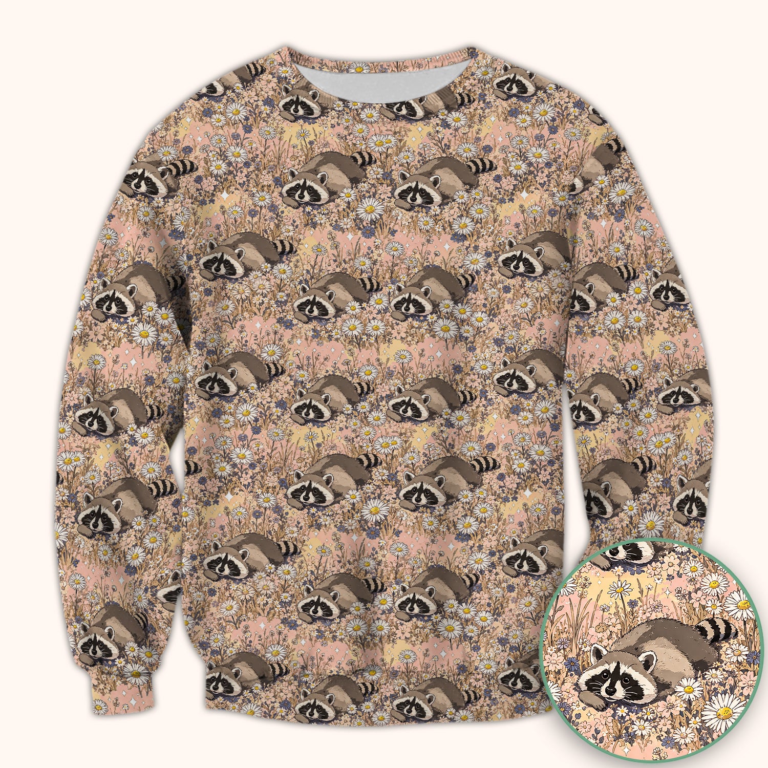 Cute Raccoon Wildflower Meadow Pattern Scrub Top, Comfortable Scrubs for Nurses