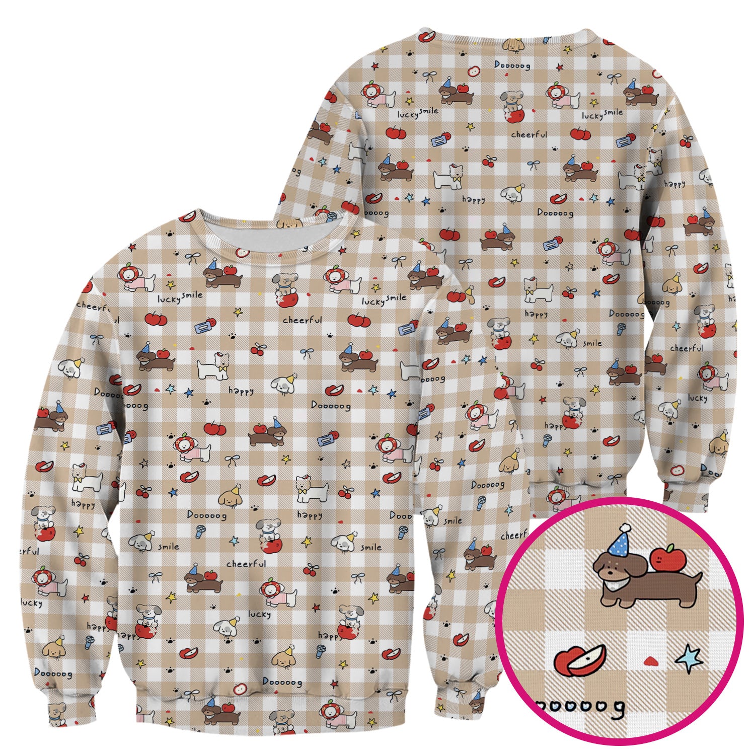 Cute Nurse Cartoon Puppy Apple Gingham Scrub Top, Breathable Fabrics Nursing Uniform