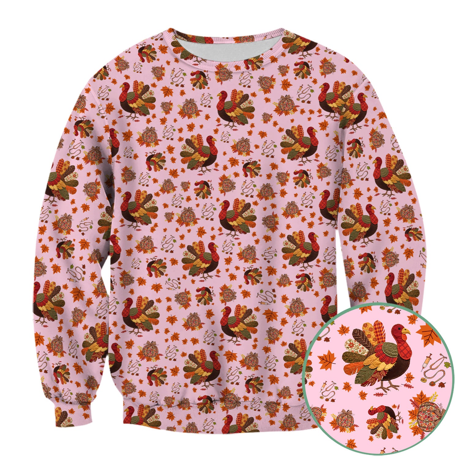 Thanksgiving Turkey Nurse Scrub Top for Women - Fall Leaves Pattern Shirts - Autumn Nursing Uniform Gift for RN LPN CNA