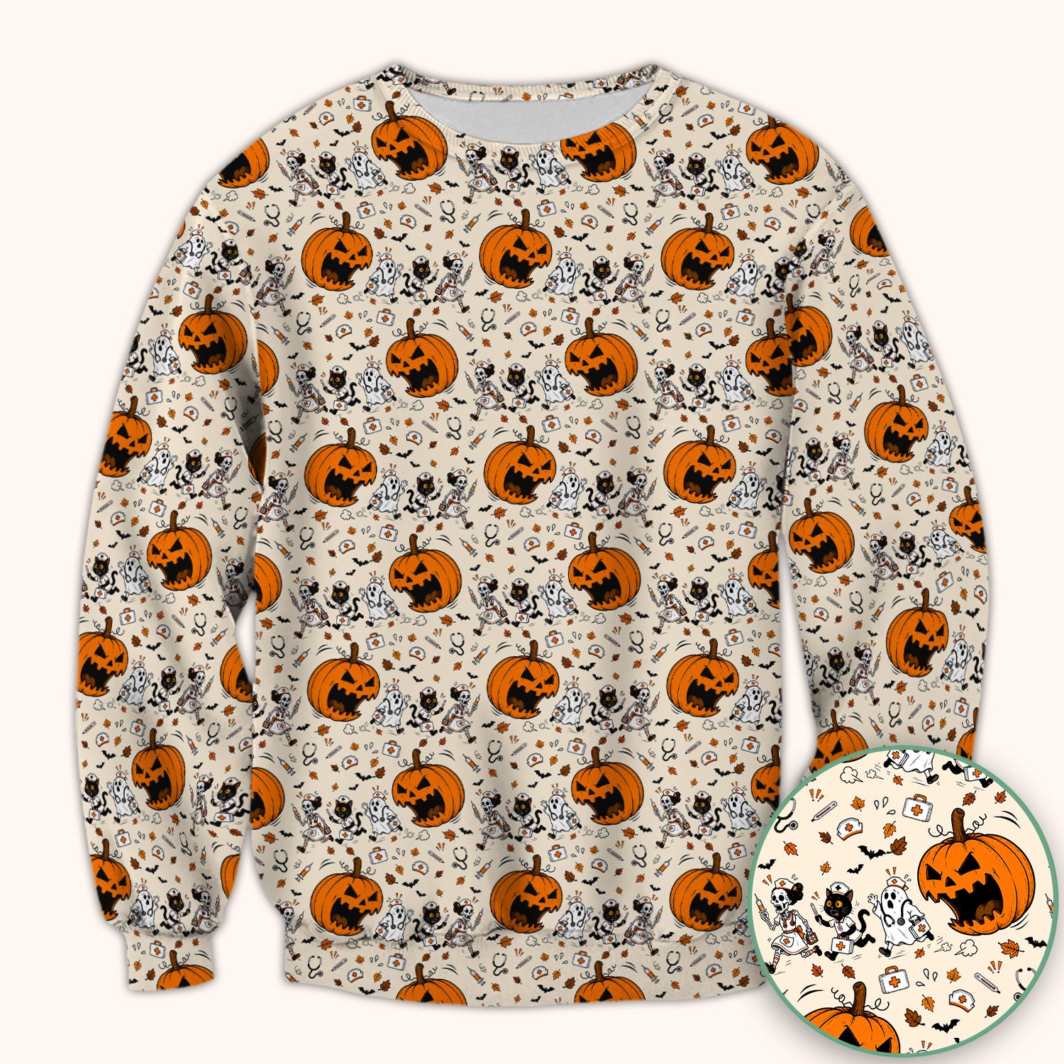 Funny Halloween Pumpkin Chasing Nurses Scrub Top, Comfortable Scrubs for Nurses