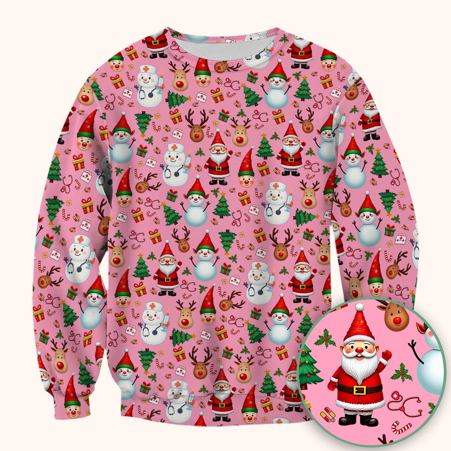 Christmas Nurse Scrub Top - Cute Snowman Santa Reindeer Pattern Medical Shirt - Festive Holiday Scrubs for Women RN CNA LPN