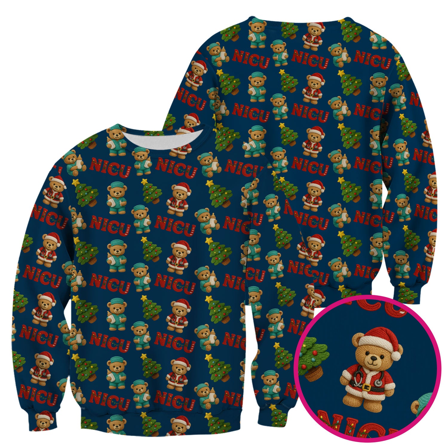 Festive Christmas NICU Nurse Teddy Bear Pattern, Breathable Fabrics Nursing Uniform
