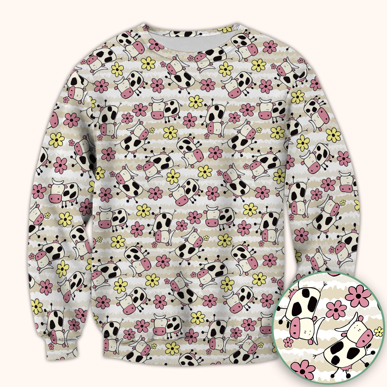 Cute Cartoon Cow Flower Meadow Pattern Nurse Scrub Top, Comfortable Scrubs for Nurses