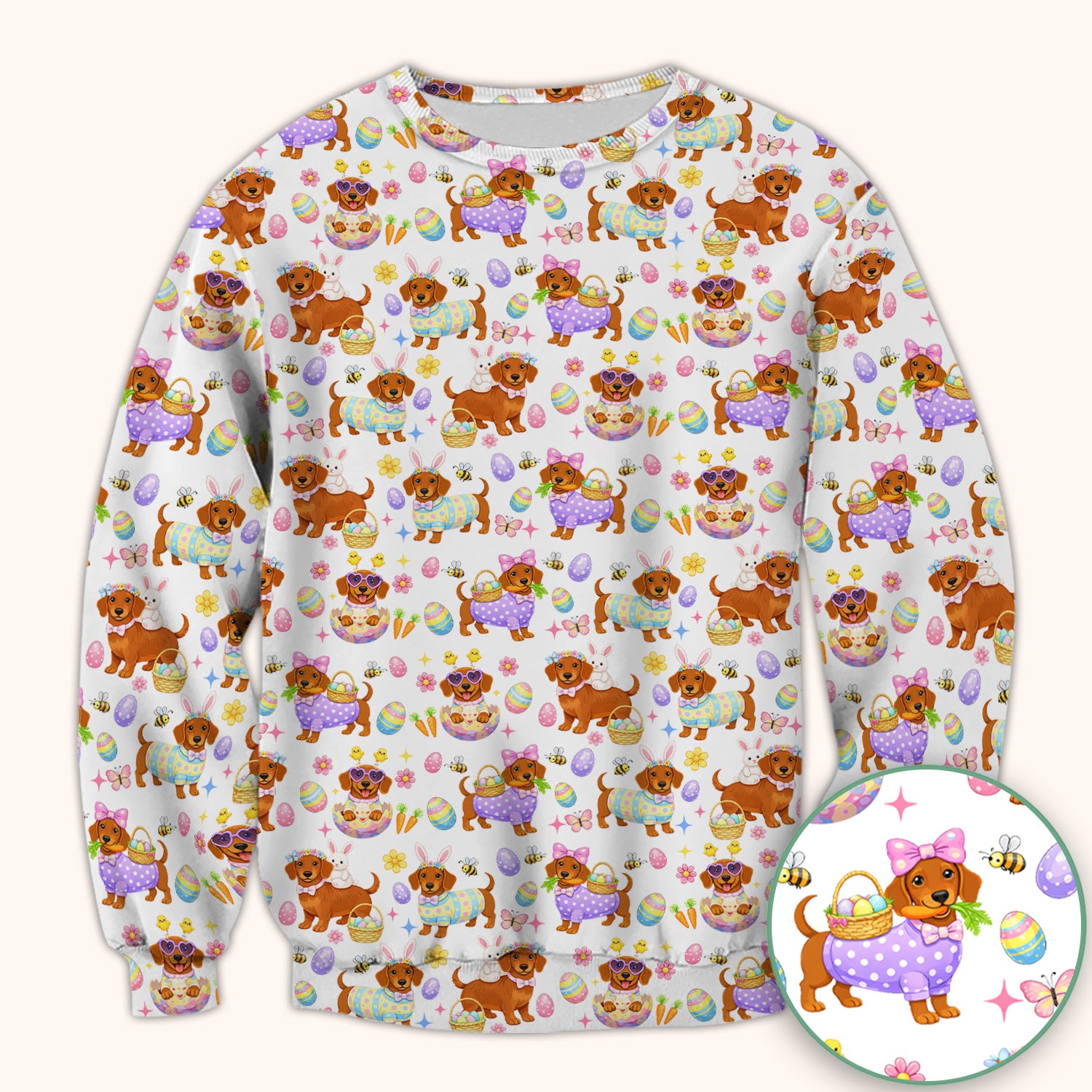 Cute Easter Dachshund Dog Pattern Scrub Top, Breathable Healthcare Uniform Top