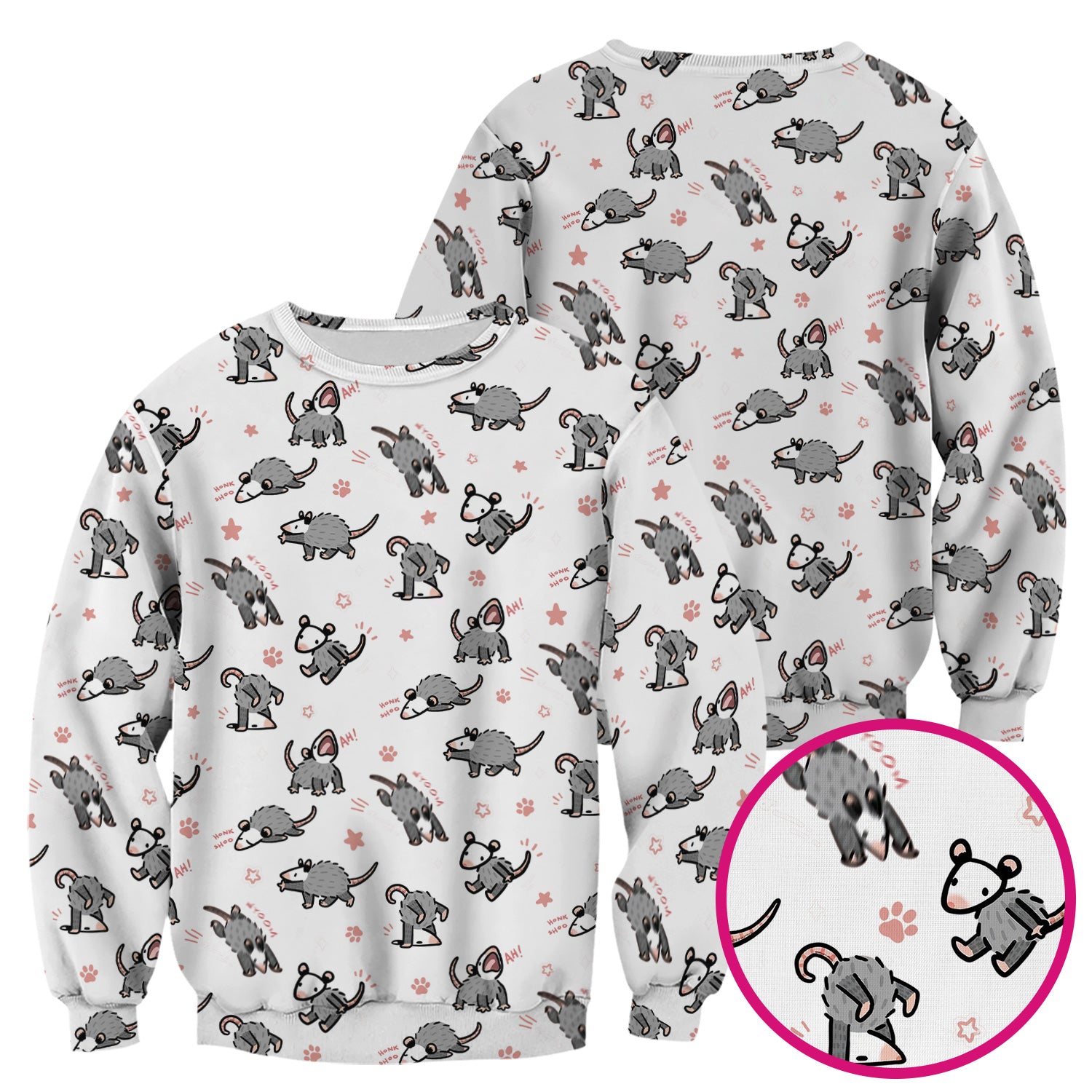 Playful Cartoon Opossum Character Pattern Scrub Top, Breathable Fabrics Nursing Uniform