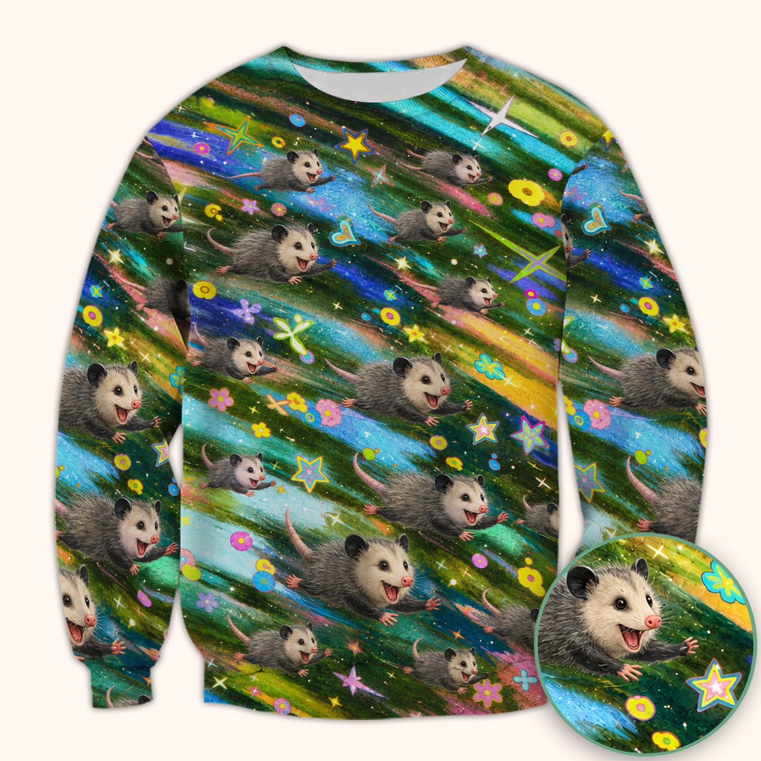 Colorful Opossum Rainbow Stars Print Scrub Top, Comfortable Scrubs for Nurses