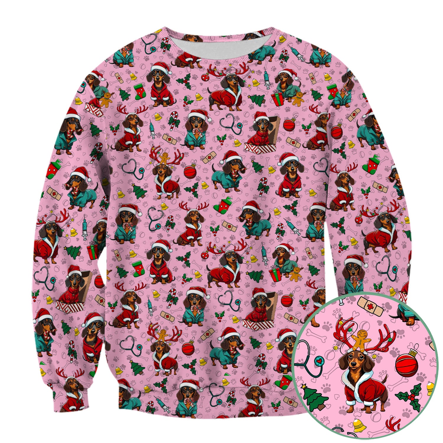 Christmas Dachshund Scrubs for Nurses - Cute Sausage Dog Holiday Scrub Top - Funny Reindeer & Santa Medical Shirt for Women