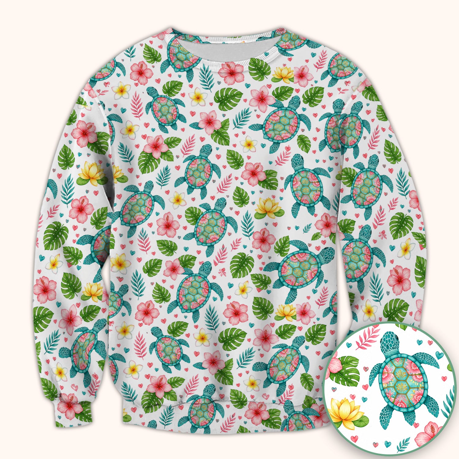 Tropical Sea Turtle Floral Pattern Scrub Top, Comfortable Scrubs for Nurses