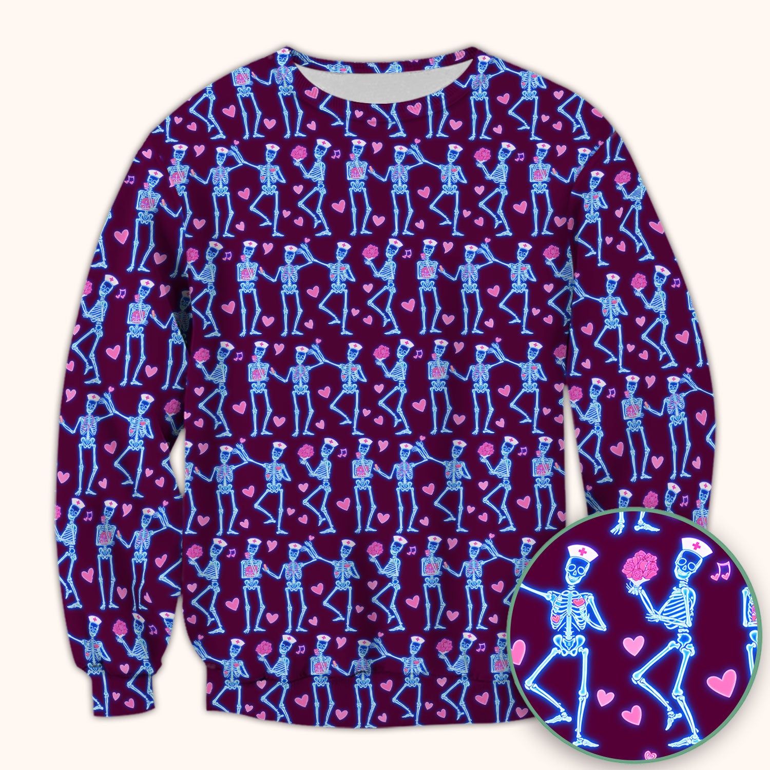 Skeleton Nurse Heart Pattern Scrub Top, Playful Nurse Style, Breathable Fabrics Nursing Uniform