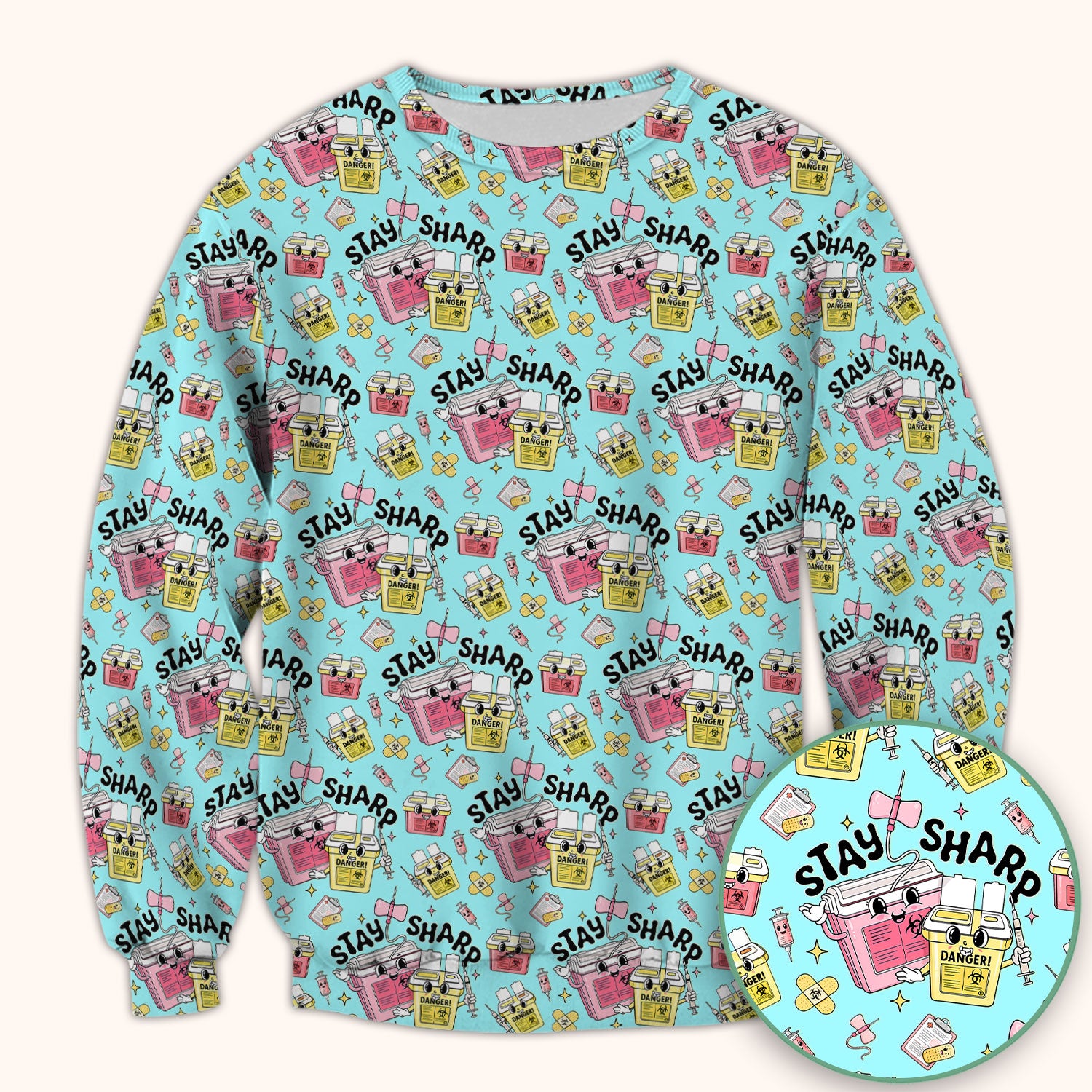 Stay Sharp Nurse Scrub Top, Cute Medical Pattern Scrubs, Breathable Fabrics Nursing Uniform