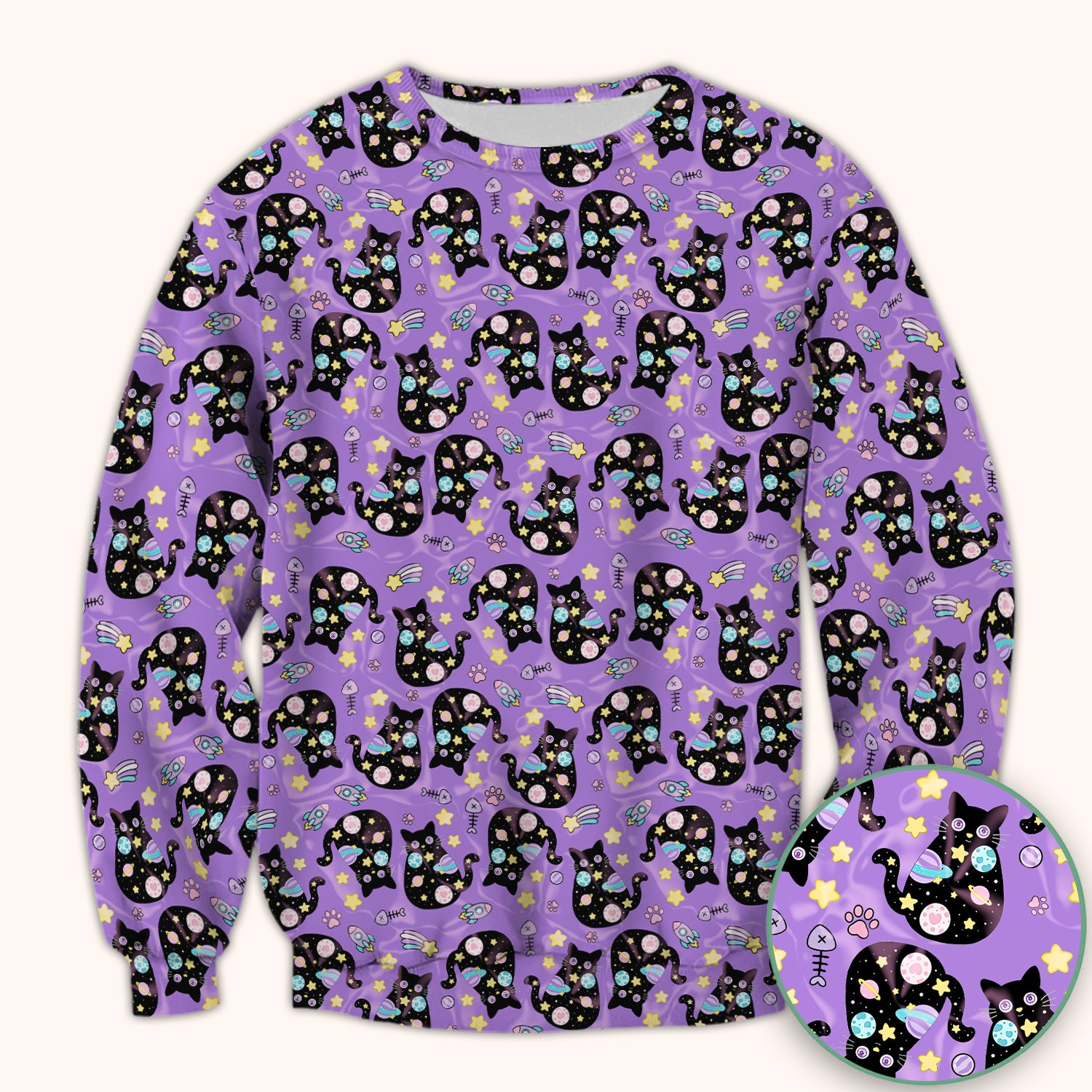 Galaxy Black Cat Space Pattern Scrub Top, Breathable Fabrics Nursing Uniform