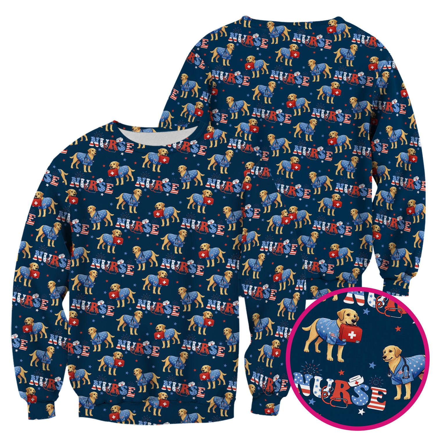 Patriotic Nurse Dog Medical Pattern Scrub Top, Breathable Fabrics Nursing Uniform