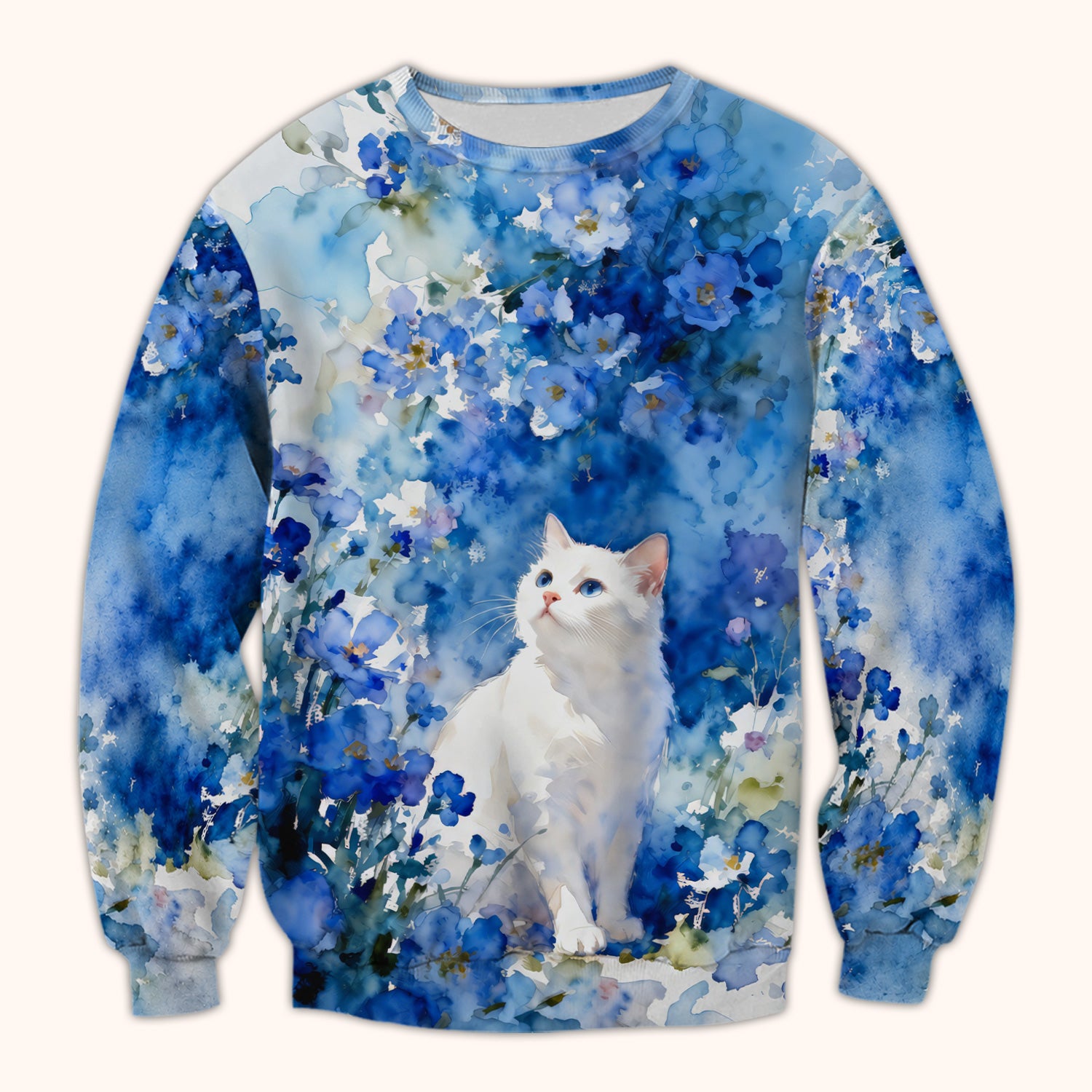 Adorable Blue Floral White Cat Pattern Scrub Top, Comfortable Scrubs for Nurses