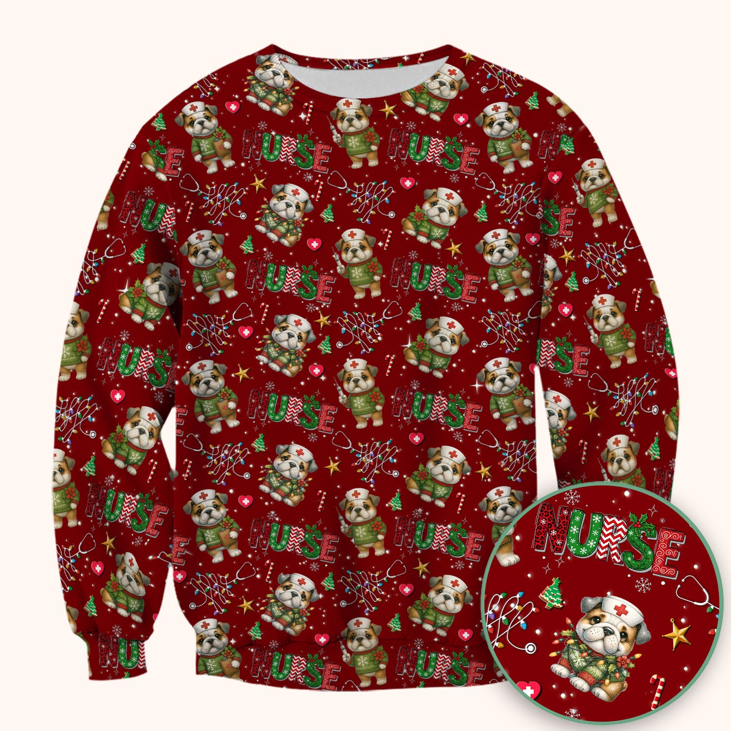Bulldog Christmas Nurse Scrub Top - Funny Dog Scrub Shirt - Cute Holiday Medical Uniform for Women RN LPN CNA Gift