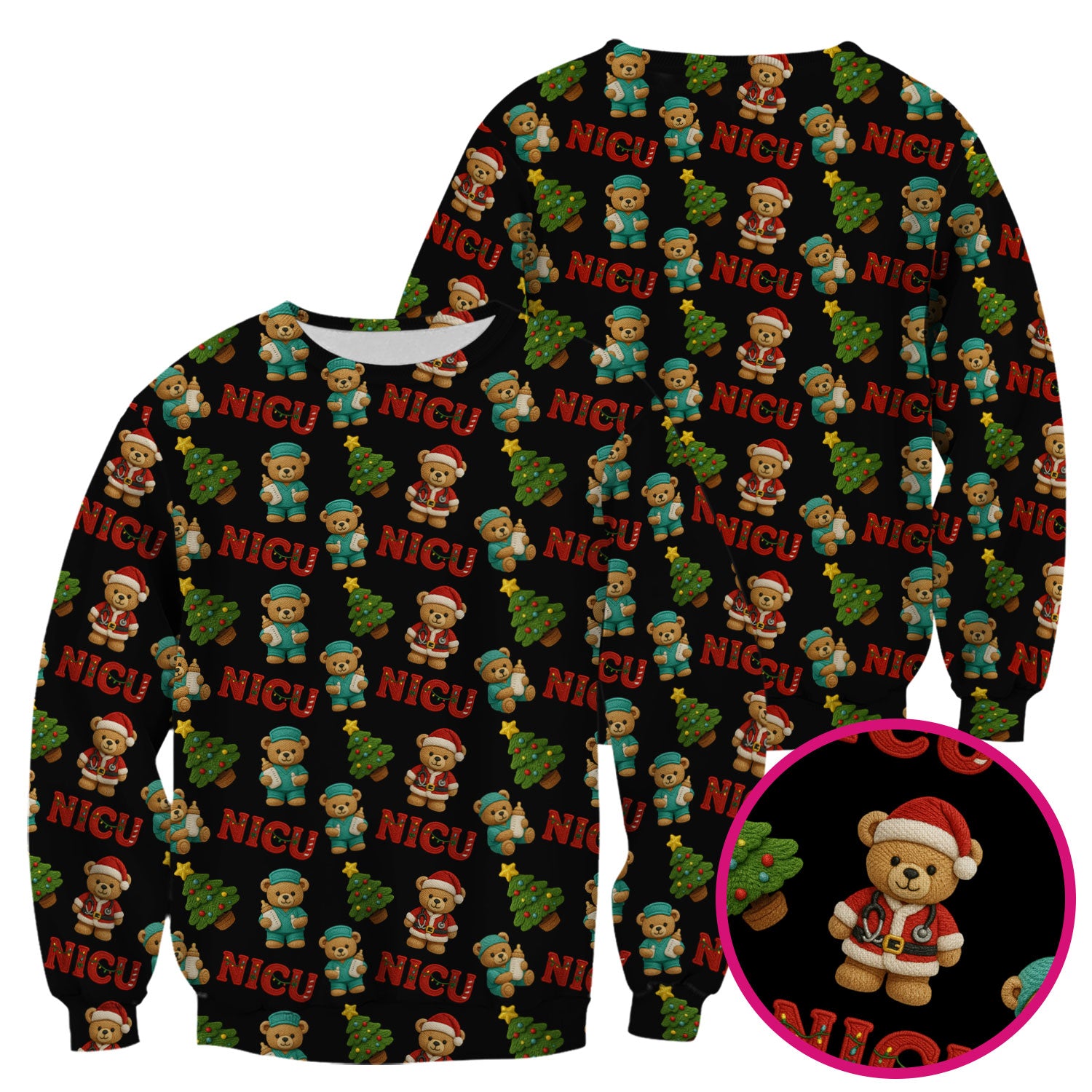 Festive Christmas NICU Nurse Teddy Bear Pattern, Breathable Fabrics Nursing Uniform