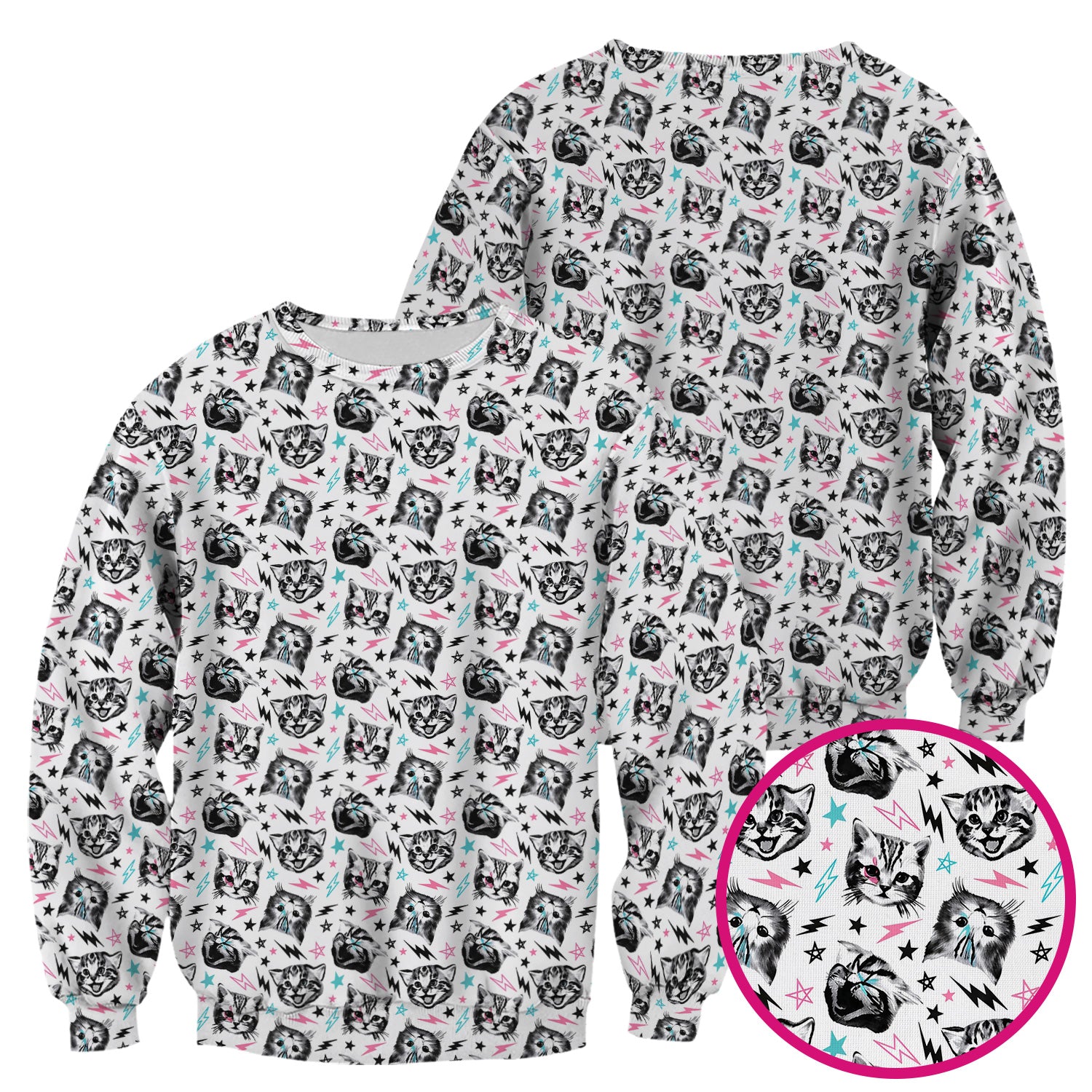 Playful Cat Faces Lightning Pattern Scrub Top, Comfortable Scrubs for Nurses