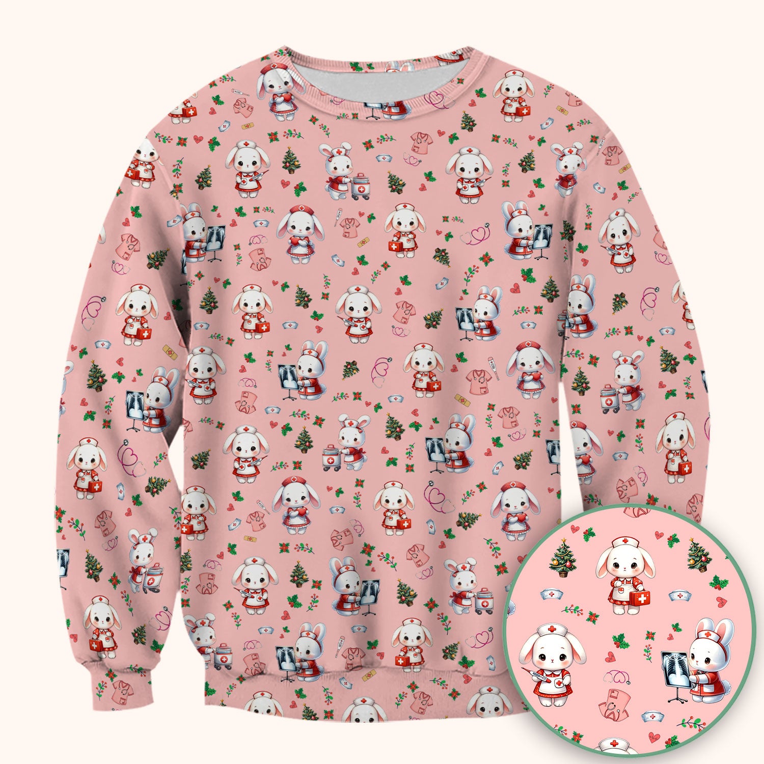 Cute Bunny Scrub Top for Nurse - Adorable Christmas Rabbit Shirt - Funny Holiday Medical Shirt Gift for Women RN LPN CNA