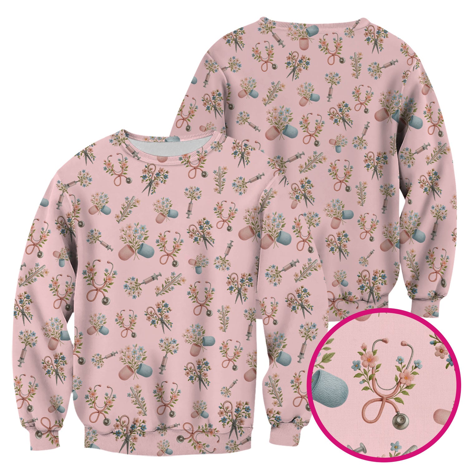 Floral Medical Scrub Top, Elegant Stethoscope With Flower Nursing Shirt, Breathable Fabrics Nurse Uniform