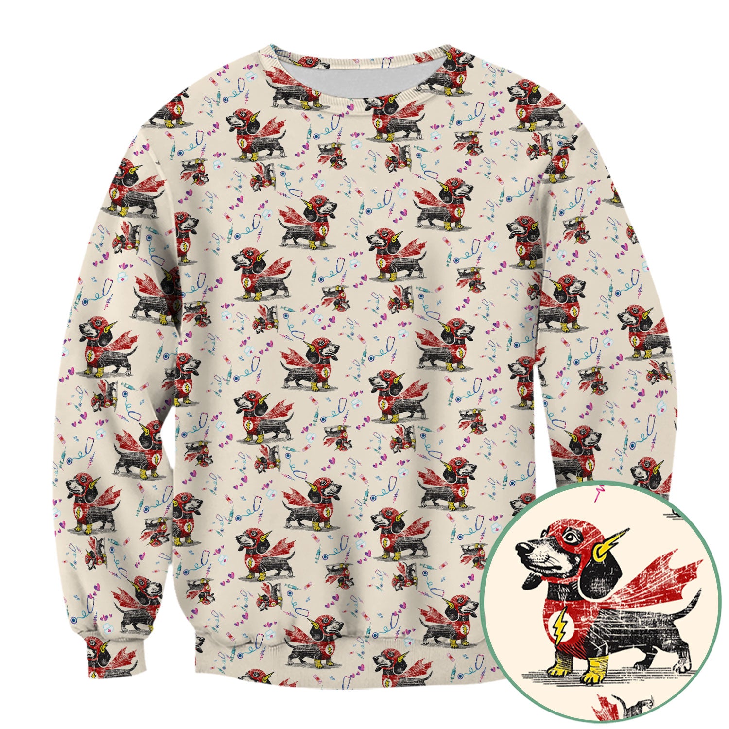 Dachshund Hero Scrub Top for Nurses - Super Nurse Funny Flash Dog Print Medical Uniform Shirt - Cute Sausage Dog Gift for RN CNA LPN