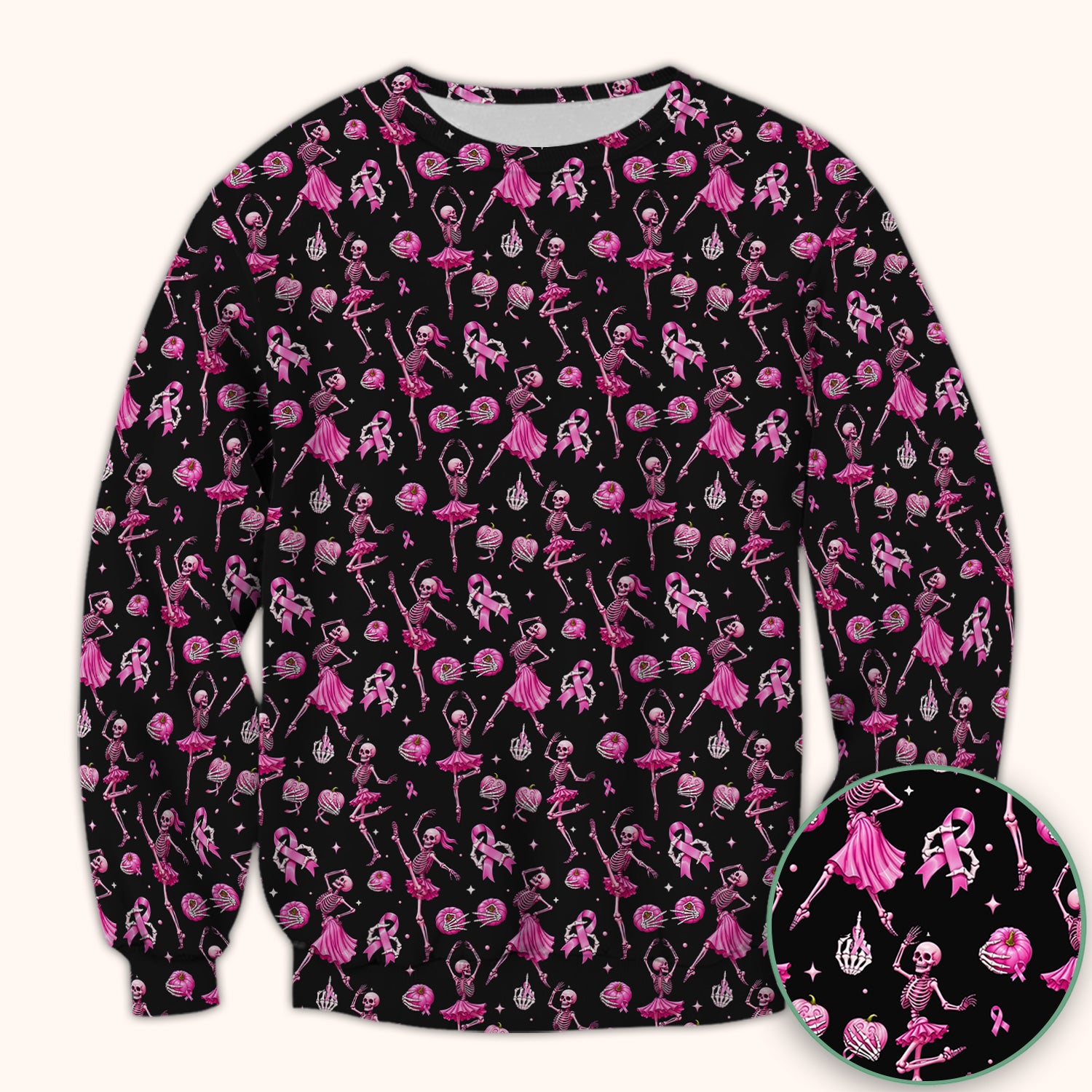 Pink Ribbon Skeleton Ballerina Print Scrub Top, Comfortable Scrubs for Nurses