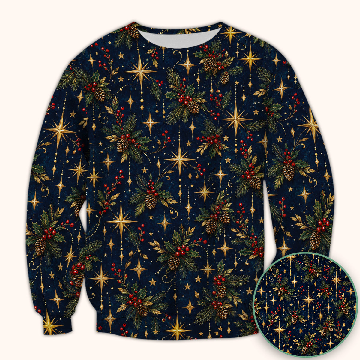 Elegant Christmas Gold Stars and Pinecones Pattern Scrub Top, Comfortable Scrubs for Nurses