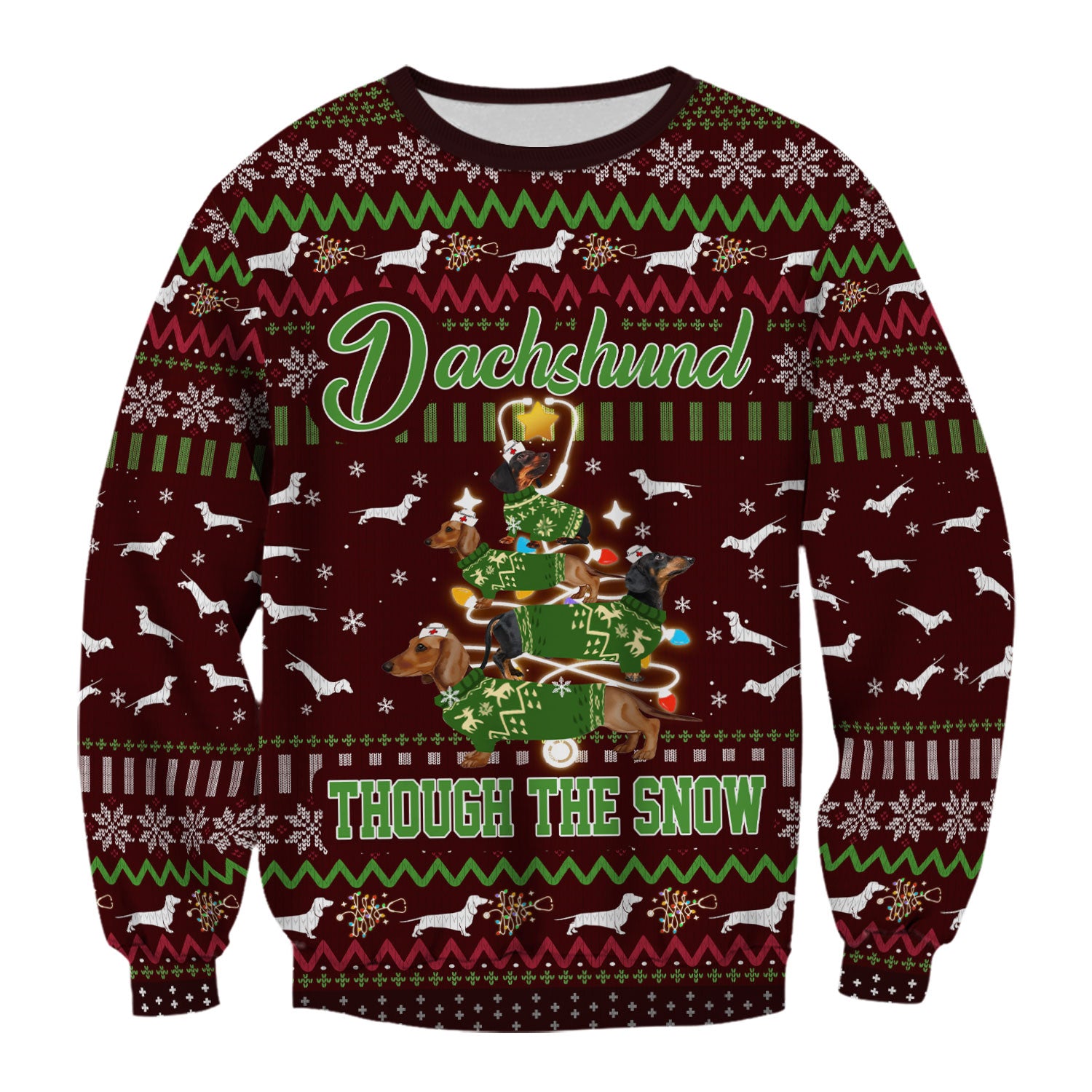 Dachshund Through The Snow Christmas Scrub Top - Funny Sausage Dog Xmas Tree Nurse Shirt - Cute Holiday Medical Uniform