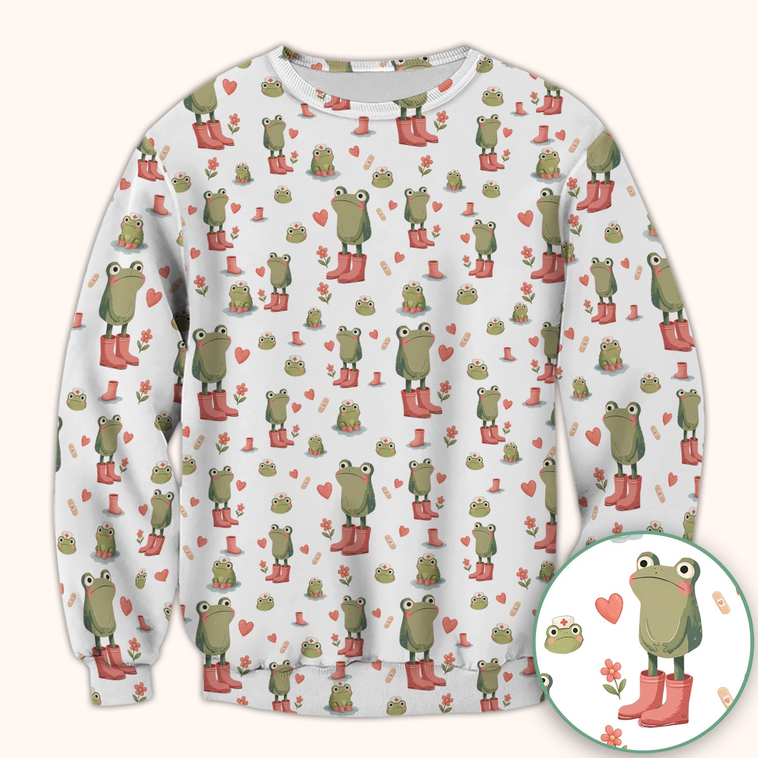 Adorable Frog Boots Heart Pattern Scrub Top, Comfortable Scrubs for Nurses