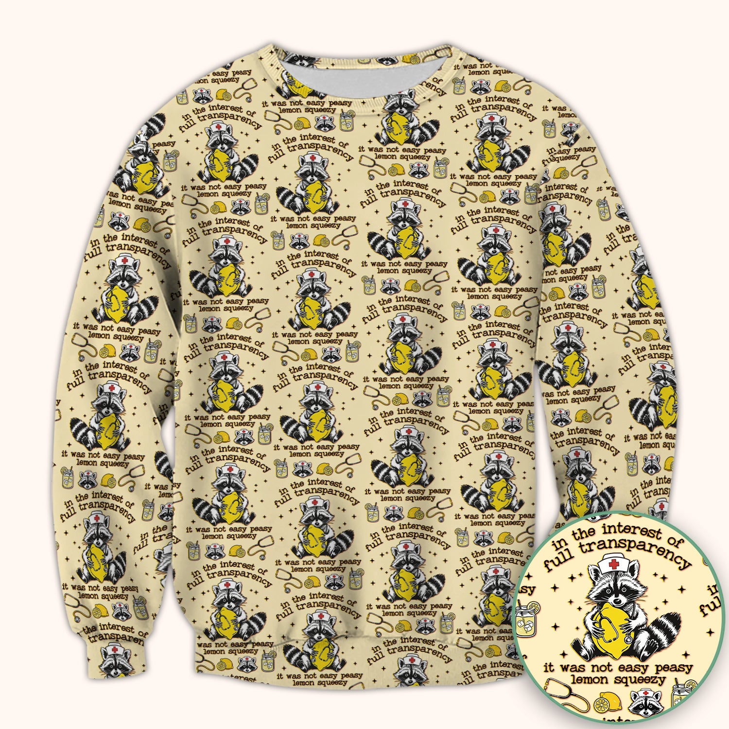 Raccoon Lemon Quote Medical Humor Pattern Scrub Top, Breathable Fabrics Nursing Uniform