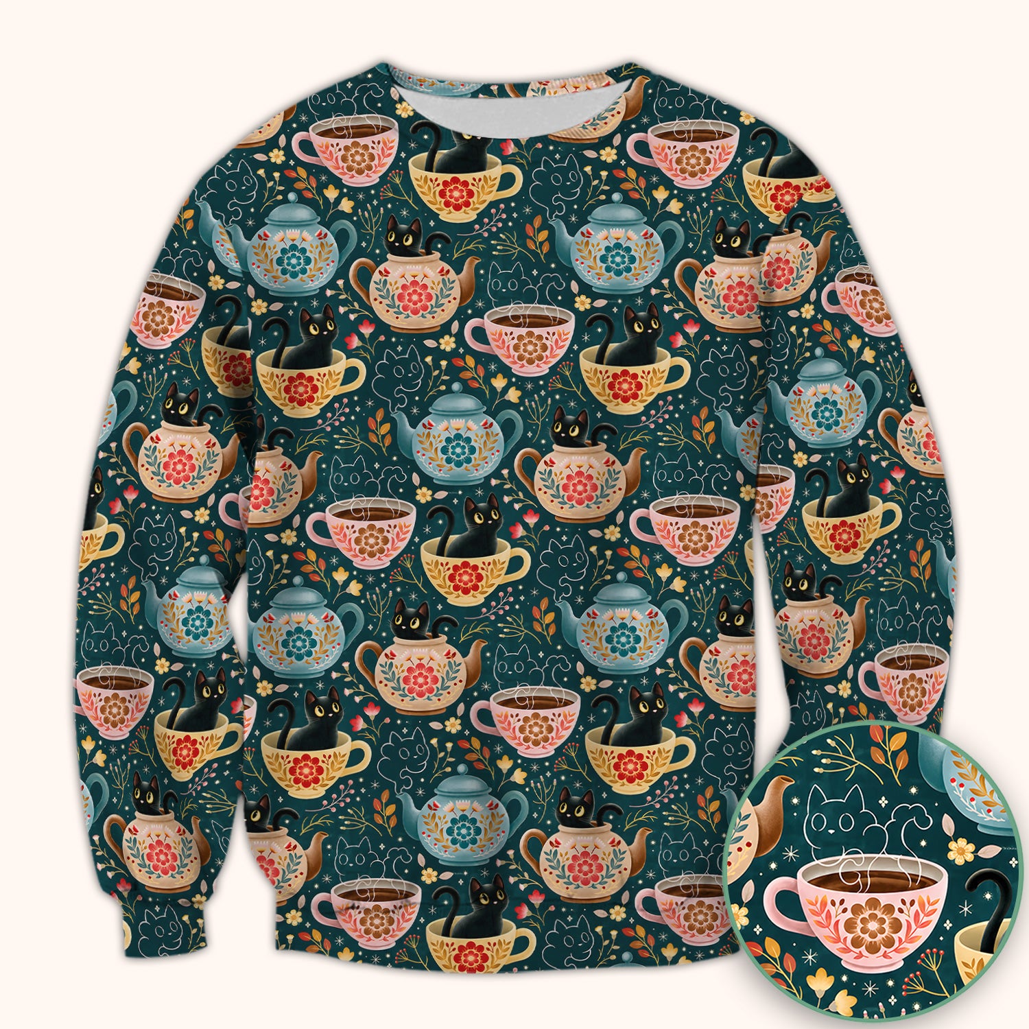 Black Cat Tea Party Veterinary Pattern Scrub Top, Comfortable Scrubs for Nurses