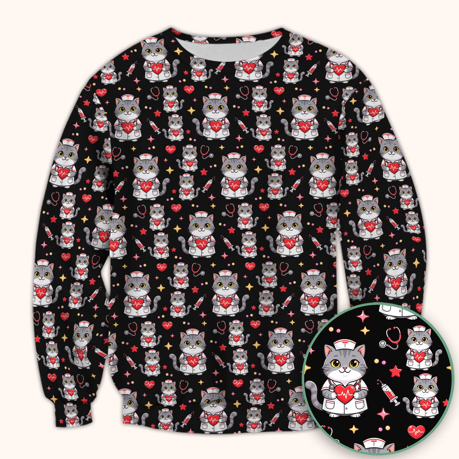 Cute Nurse Cat Heart Medical Print Scrub Top, Comfortable Scrubs for Nurses