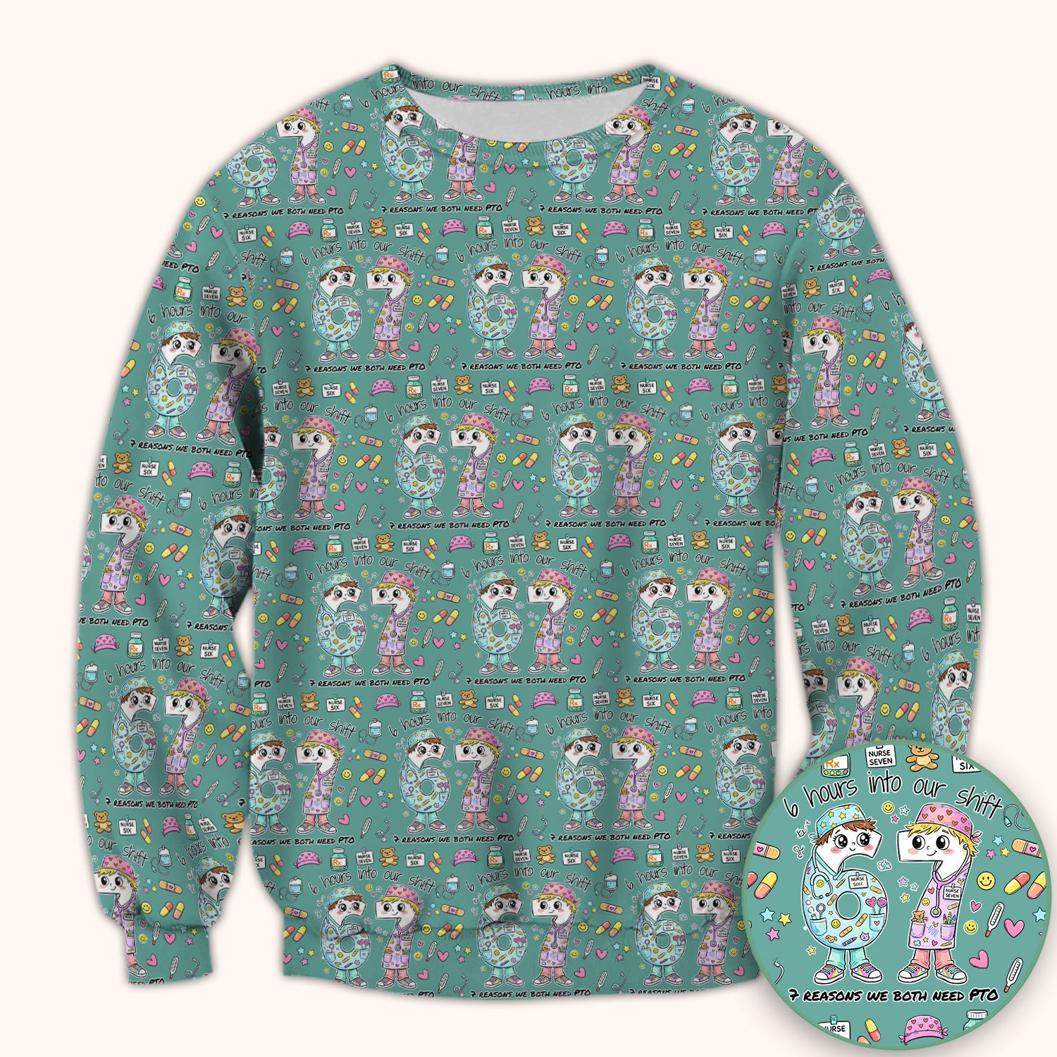 Cartoon Characters Six Hours Into Shift With Medical Doodle Scrub Top, Breathable Fabrics Nursing Uniform
