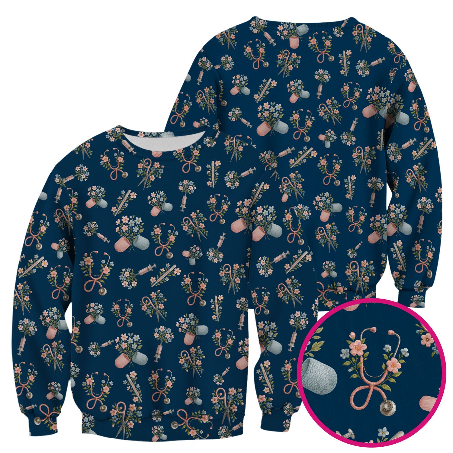 Floral Medical Scrub Top, Elegant Stethoscope With Flower Nursing Shirt, Breathable Fabrics Nurse Uniform