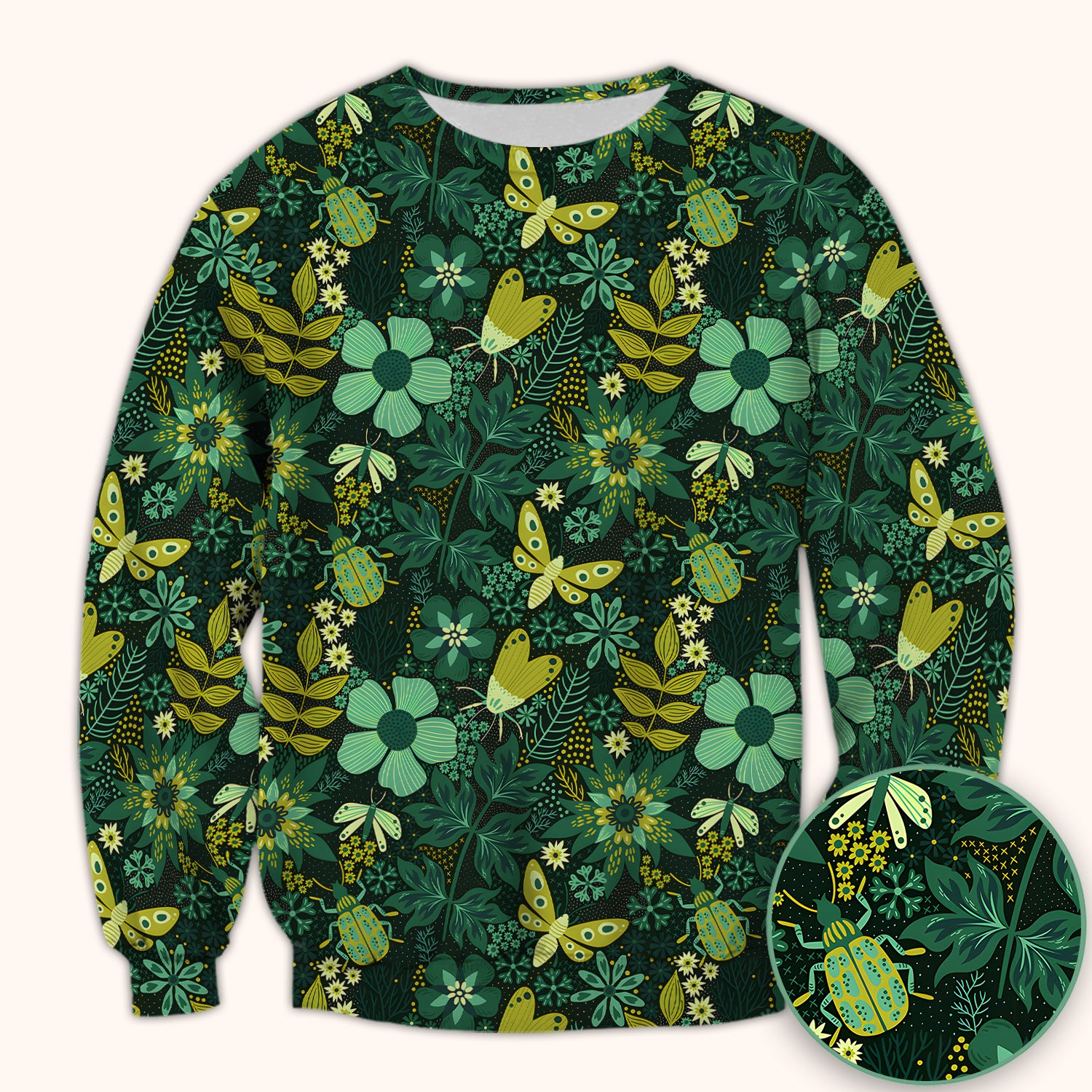 Green Botanical Butterfly Pattern Scrub Top, Comfortable Scrubs for Nurses