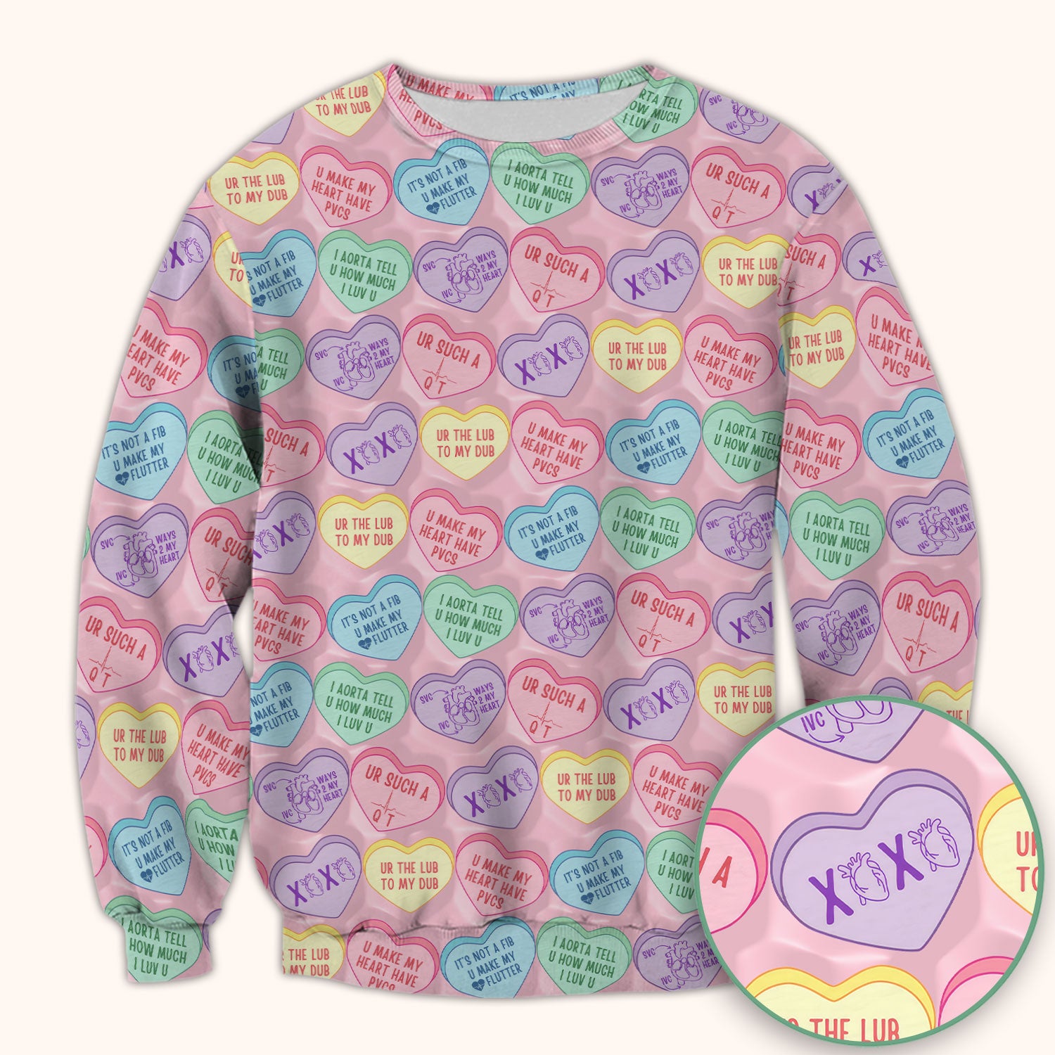 Medical Candy Heart Valentine Pattern Scrub Top, Fun Medical Pattern, Comfortable Scrubs for Nurses