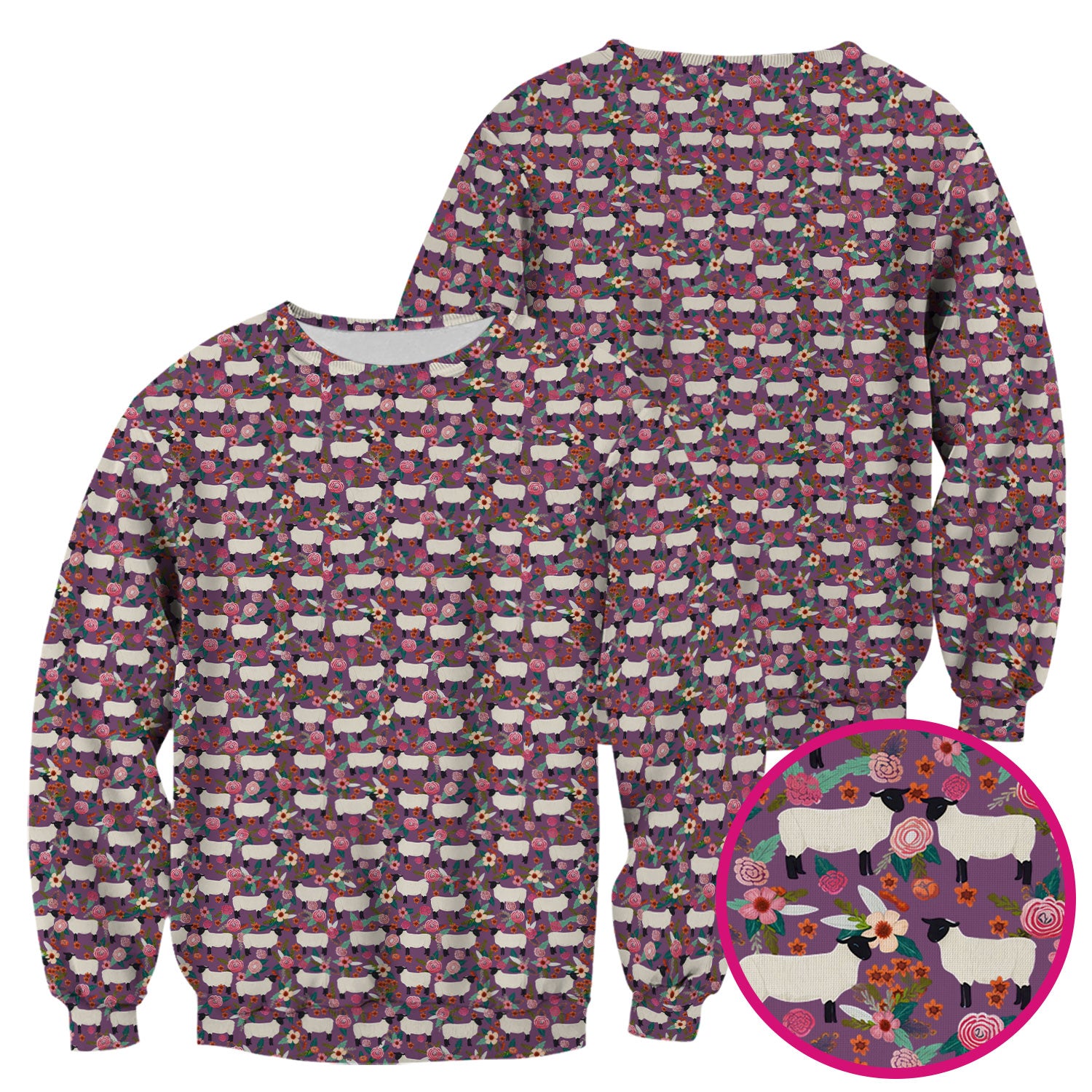 Cute Sheep Floral Meadow Pattern Scrub Top, Comfortable Scrubs For Nurses