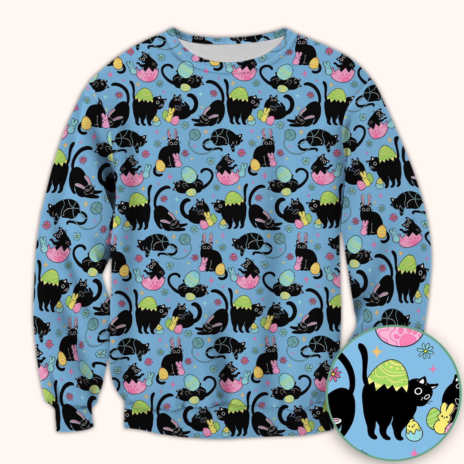 Funny Easter Black Cat Egg Pattern Scrub Top, Breathable Fabrics Nursing Uniform