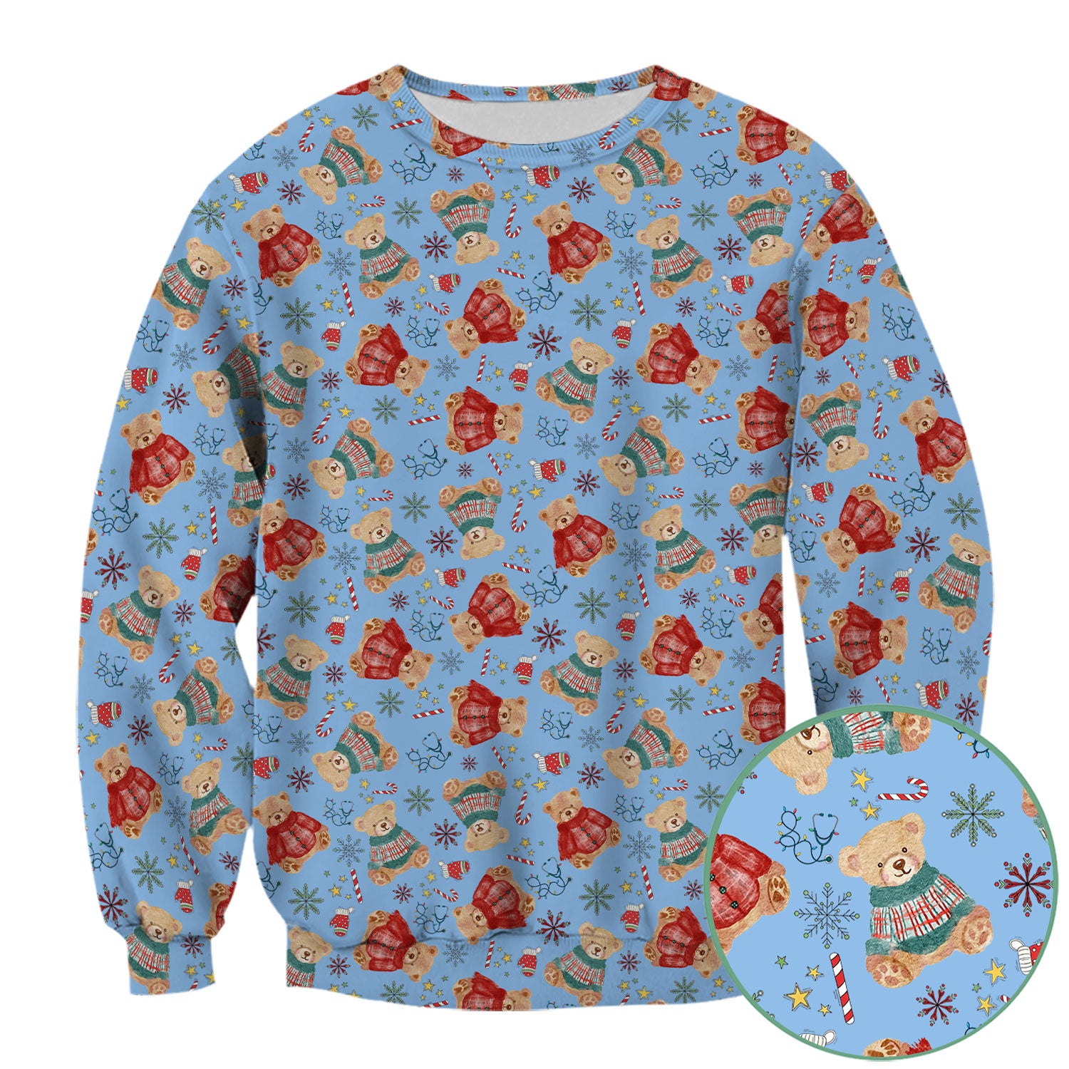 Christmas Bear Scrub Top - Cute Holiday Teddy Print Scrubs for Nurses - Funny Xmas Medical Scrub Shirt Gift for Women CNA RN