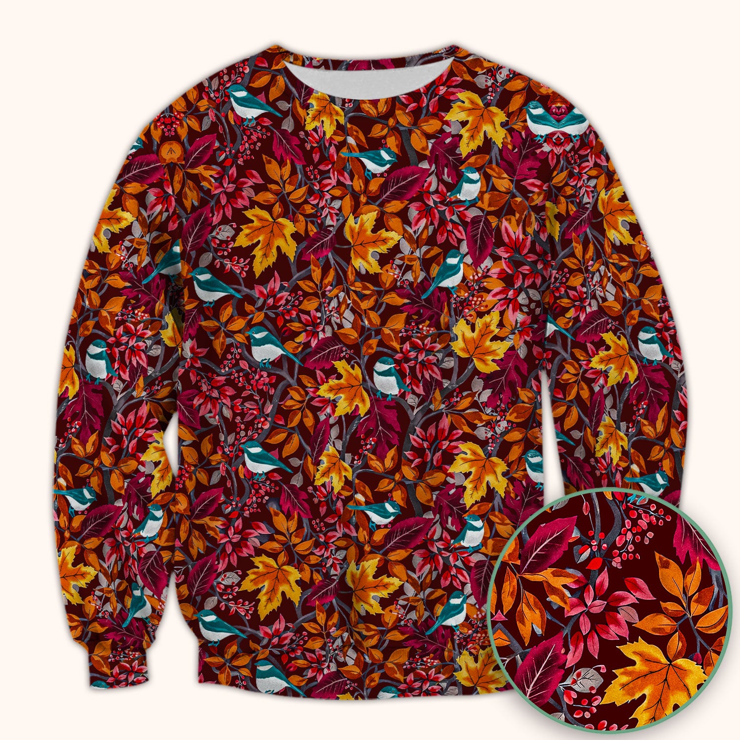Autumn Leaves Blue Bird Pattern Print Scrub Top, Breathable Fabrics Nursing Uniform