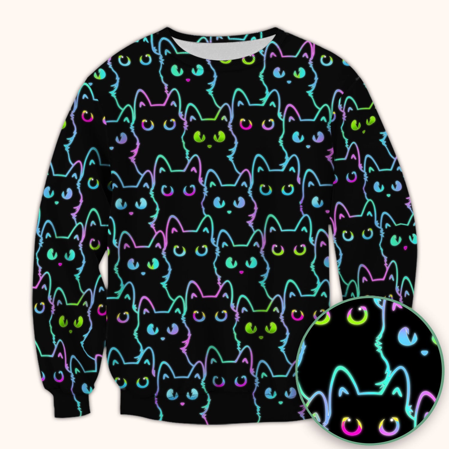 Neon Cat Pattern Scrub Top, Black Cat Scrub Shirt, Breathable Fabrics Nursing Uniform