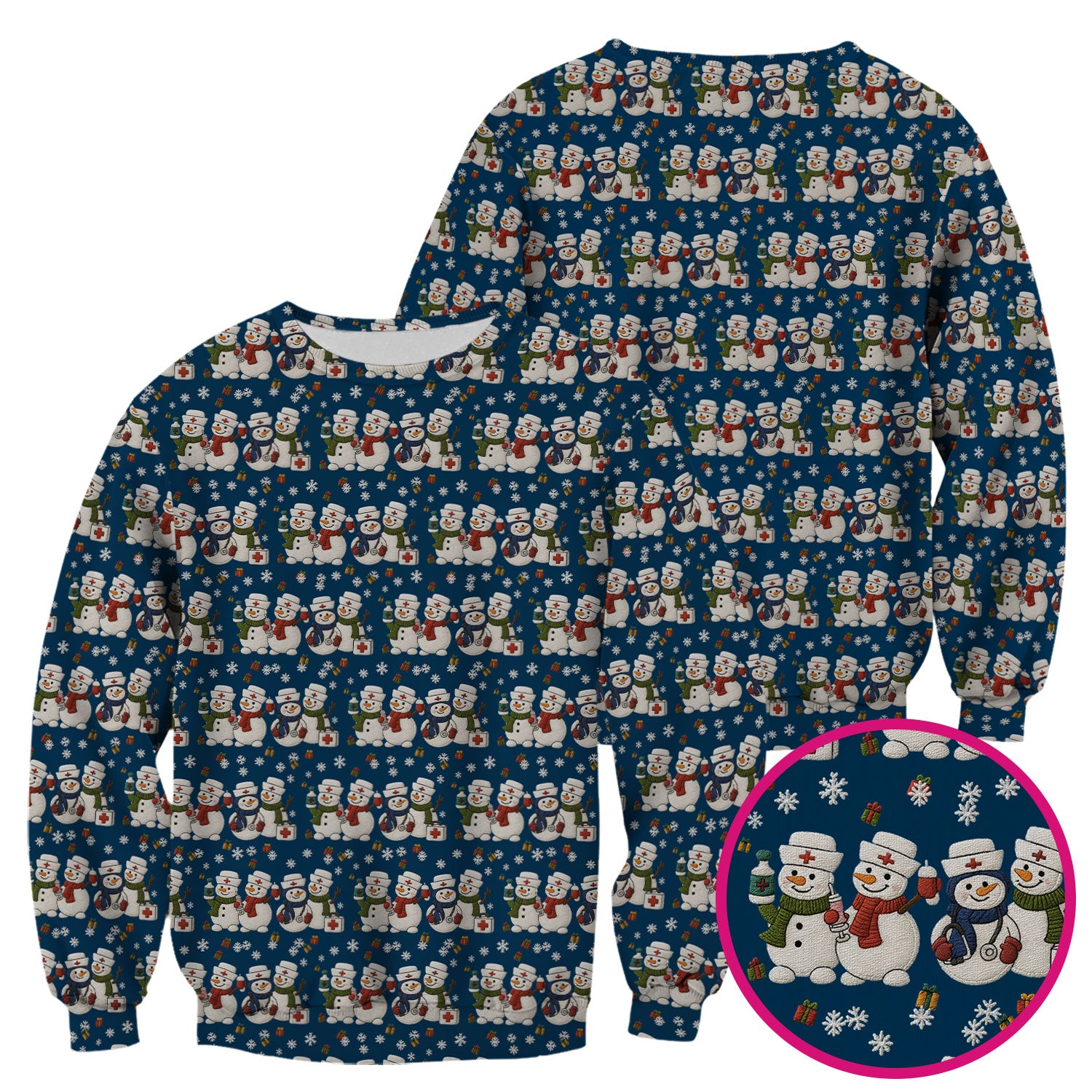 Cute Christmas Snowman Nurse Pattern Scrub Top, Breathable Fabrics Nursing Uniform