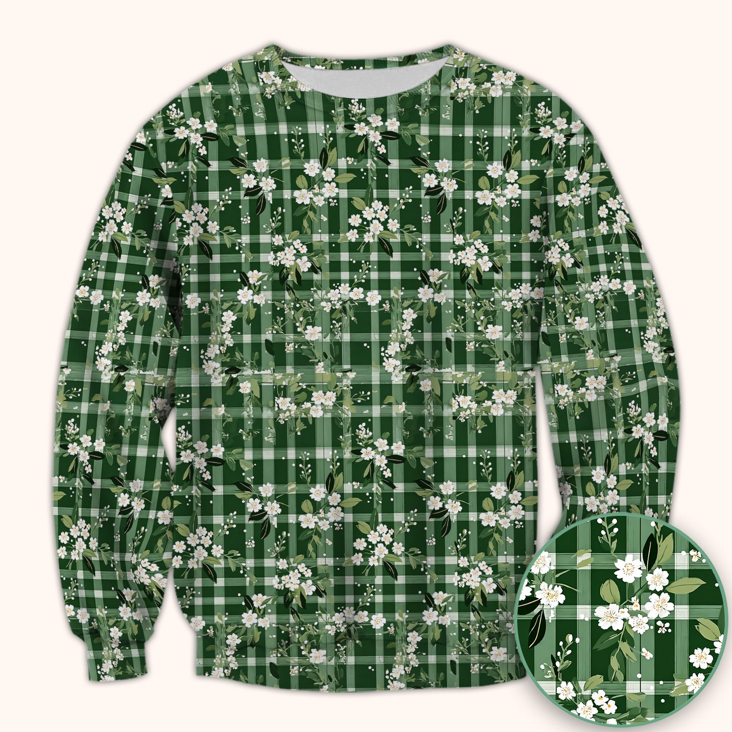 Cute Green Gingham Floral Print Scrub Top, Breathable Fabrics Nursing Uniform