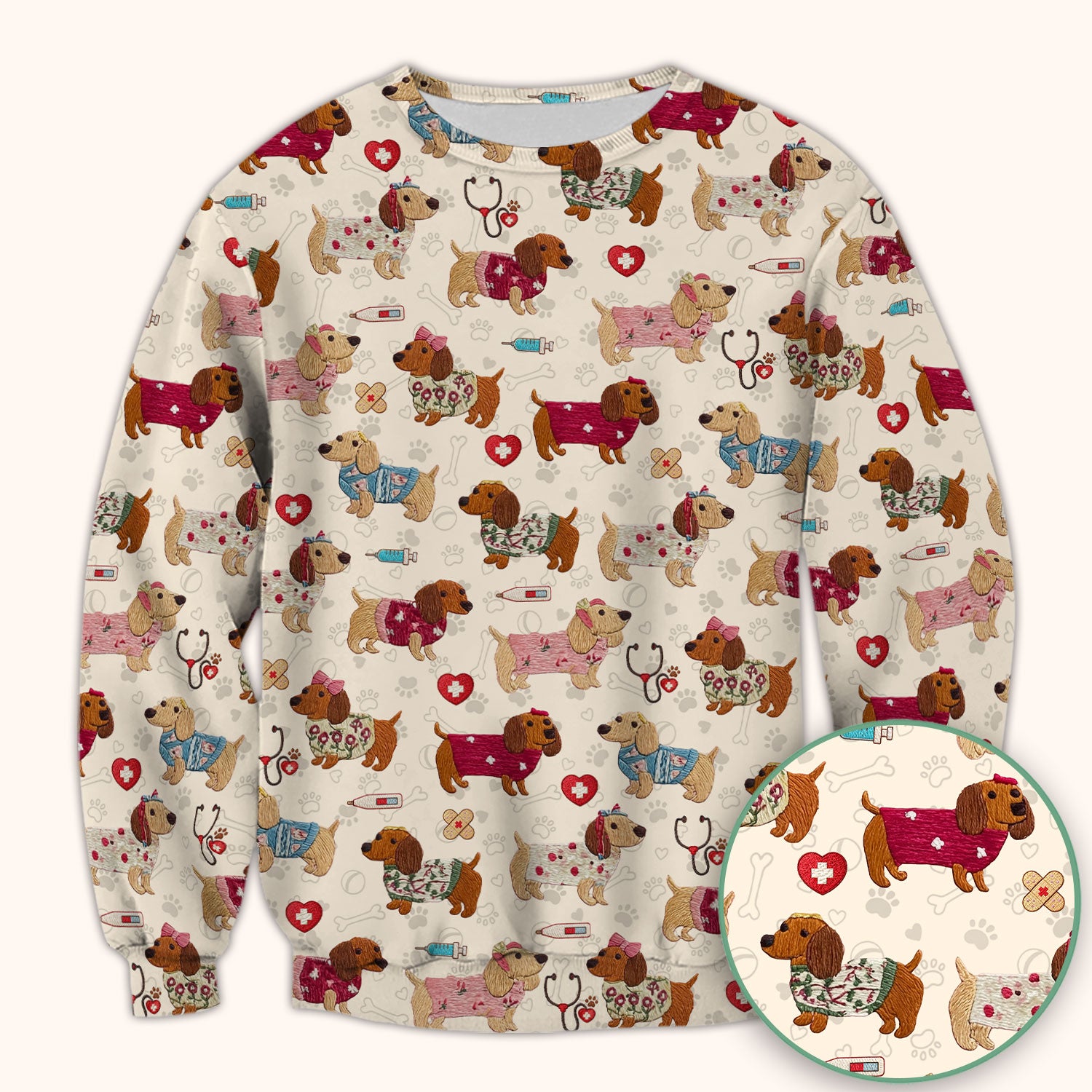 Cute Medical Wiener Dog Pattern Nurse Shirt, Dachshund Nursing Scrub Top, Breathable Fabrics Nursing Uniform