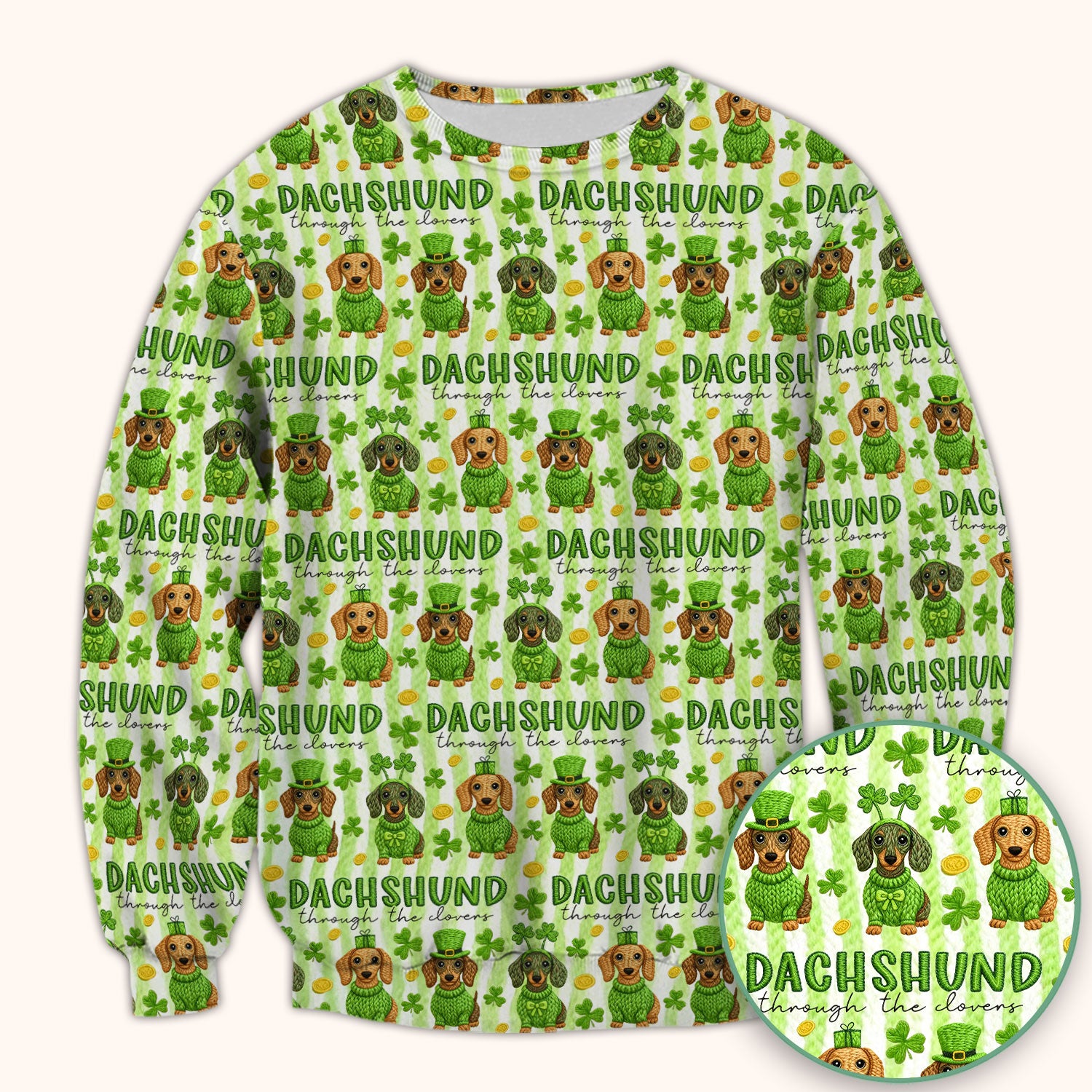 Wiener Dog St. Patrick’s Day Scrub Top, Shamrock Dachshund Pattern Nurse Shirt, Breathable Fabrics Nursing Uniform