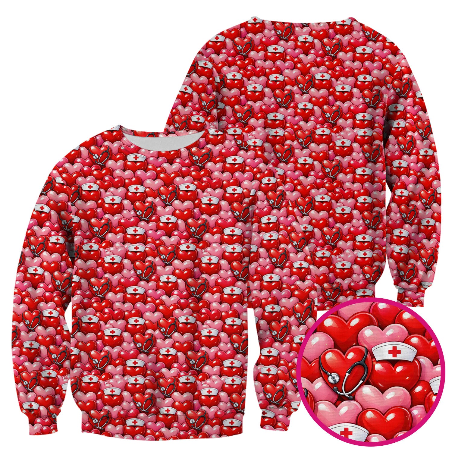 Valentine Pattern Nurse Scrub Top, Heart With Stethoscope Love Medical Shirt For Women, Breathable Fabrics Nursing Uniform
