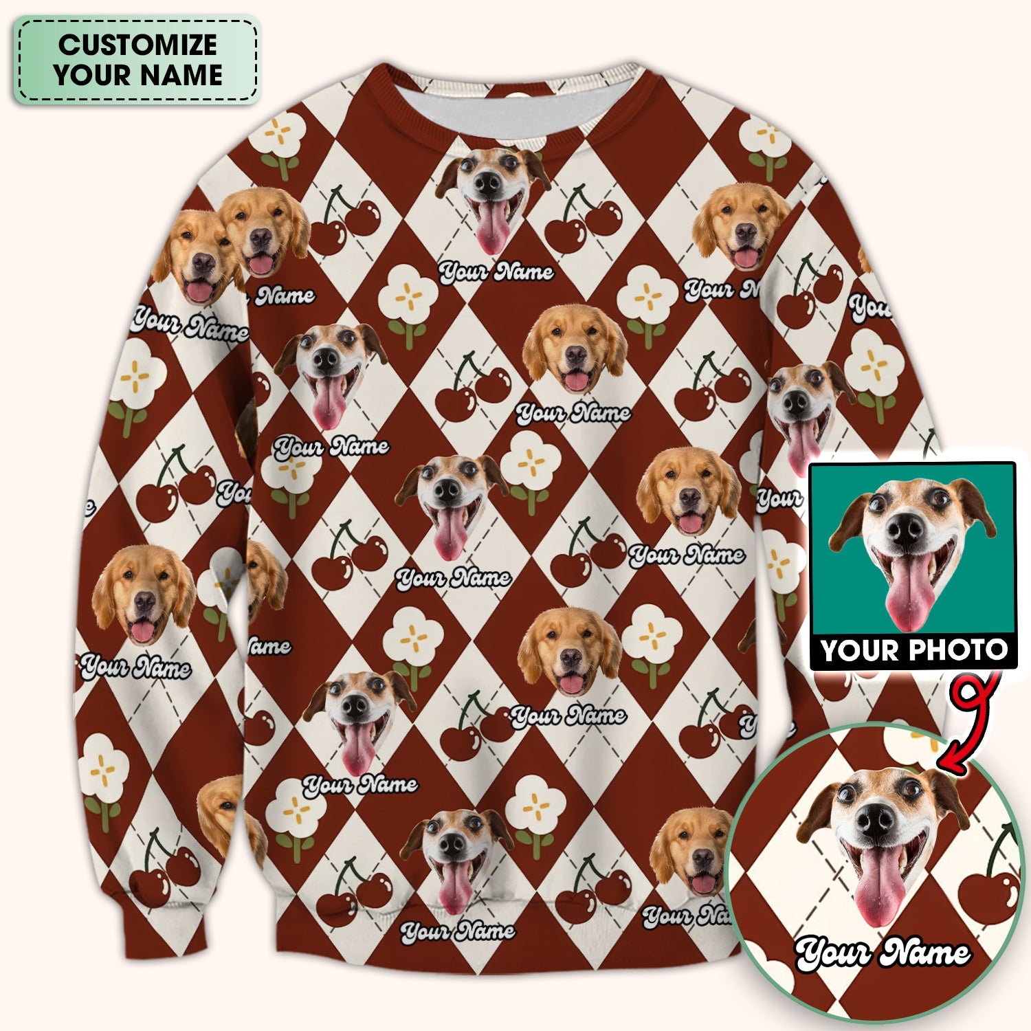 Custom Dog Face Scrub Top, Playful Dog Cherry Argyle Pattern Shirt, Comfortable Scrubs for Nurses