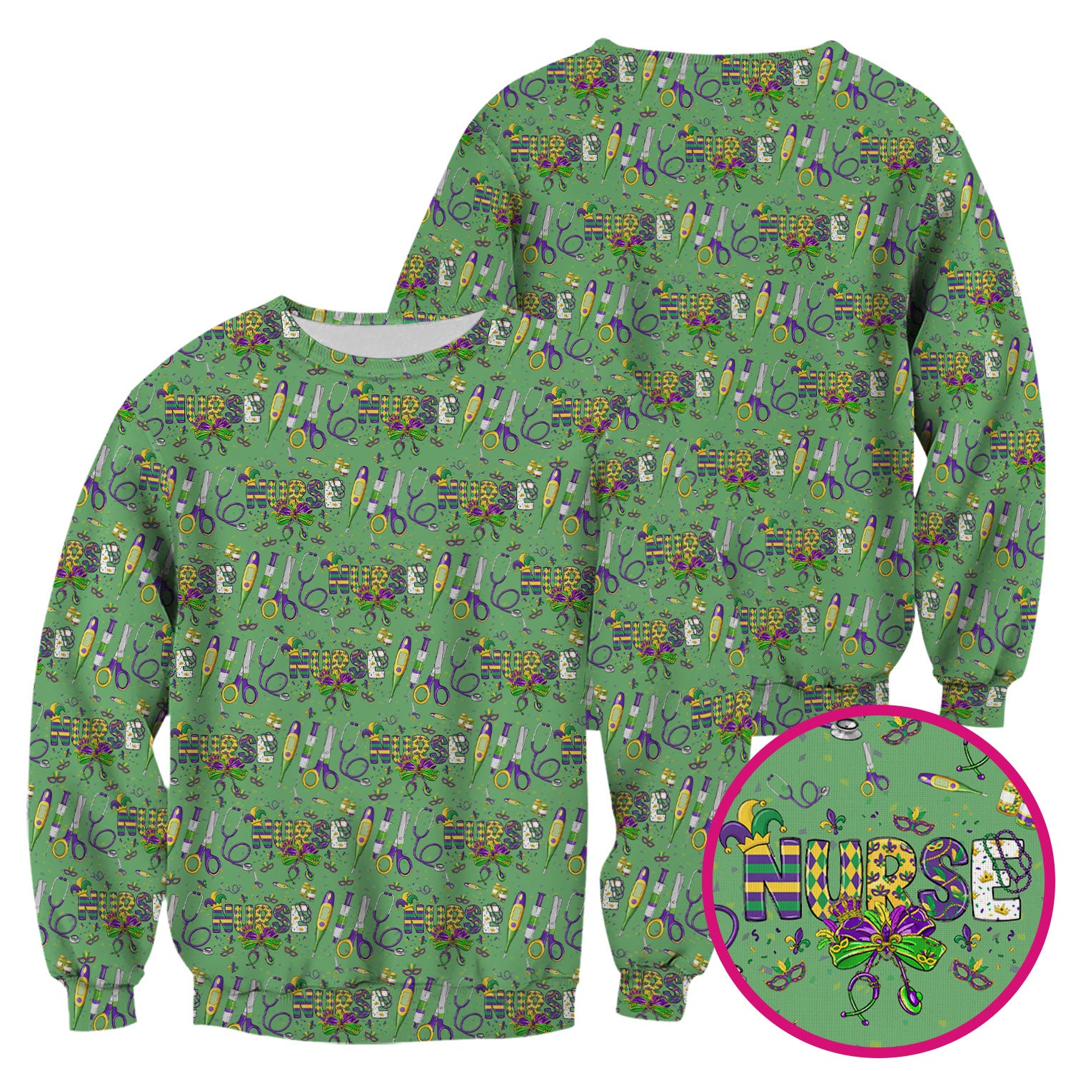 Mardi Gras Nurse Scrub Top, Holiday Medical Pattern Nurse Shirt, Breathable Fabrics Nursing Uniform