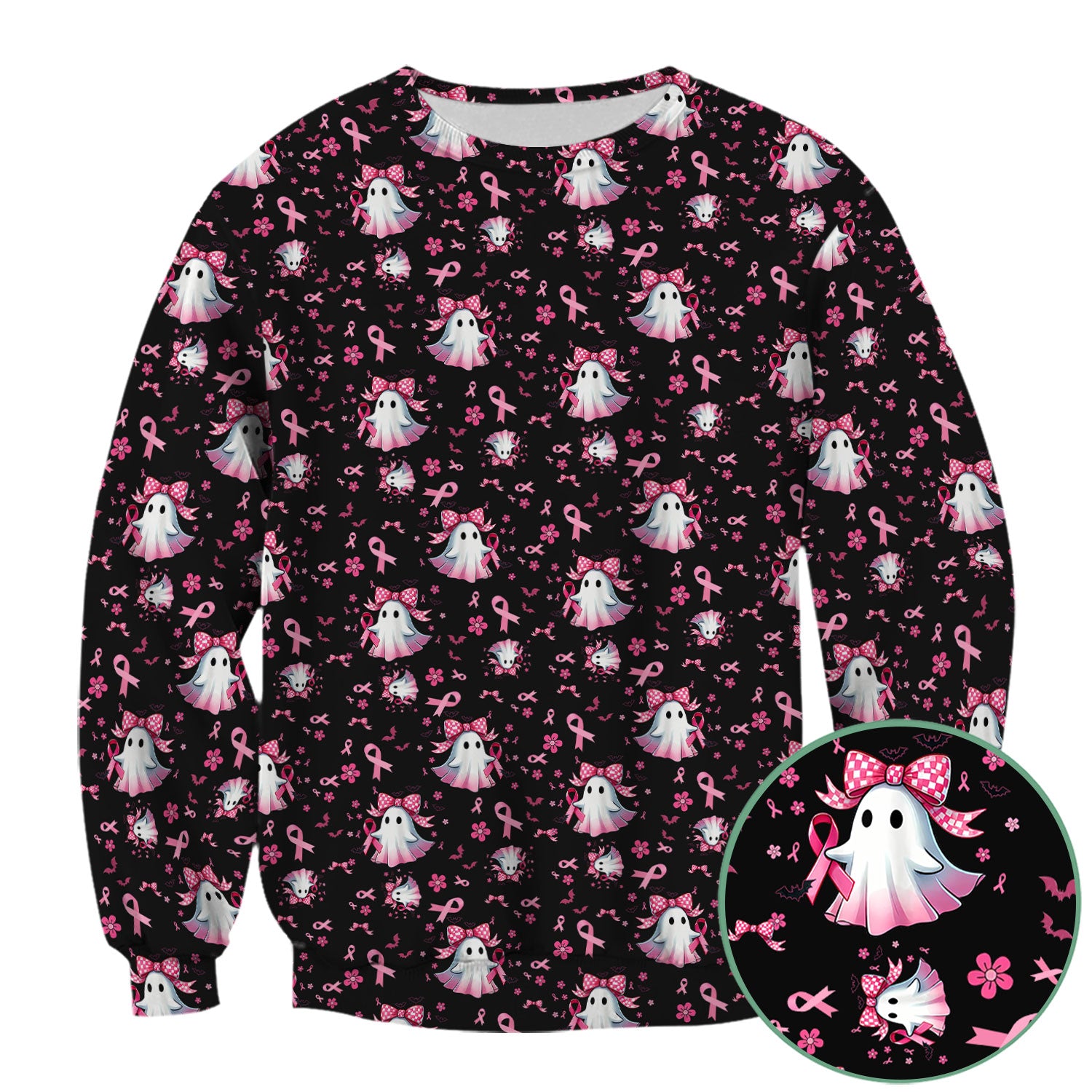 Halloween Ghost Scrub Top for Women - Breast Cancer Awareness Pink Ribbon Nurse Shirt - Cute Spooky Medical Uniform RN LPN CNA