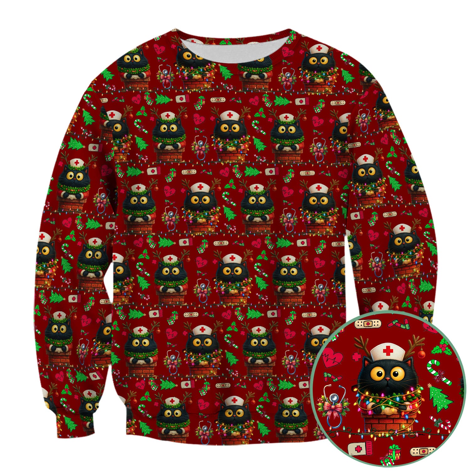 Christmas Black Cat Scrub Top for Nurse - Cute Reindeer Cat with Xmas Lights - Festive Holiday Medical Uniform for Women