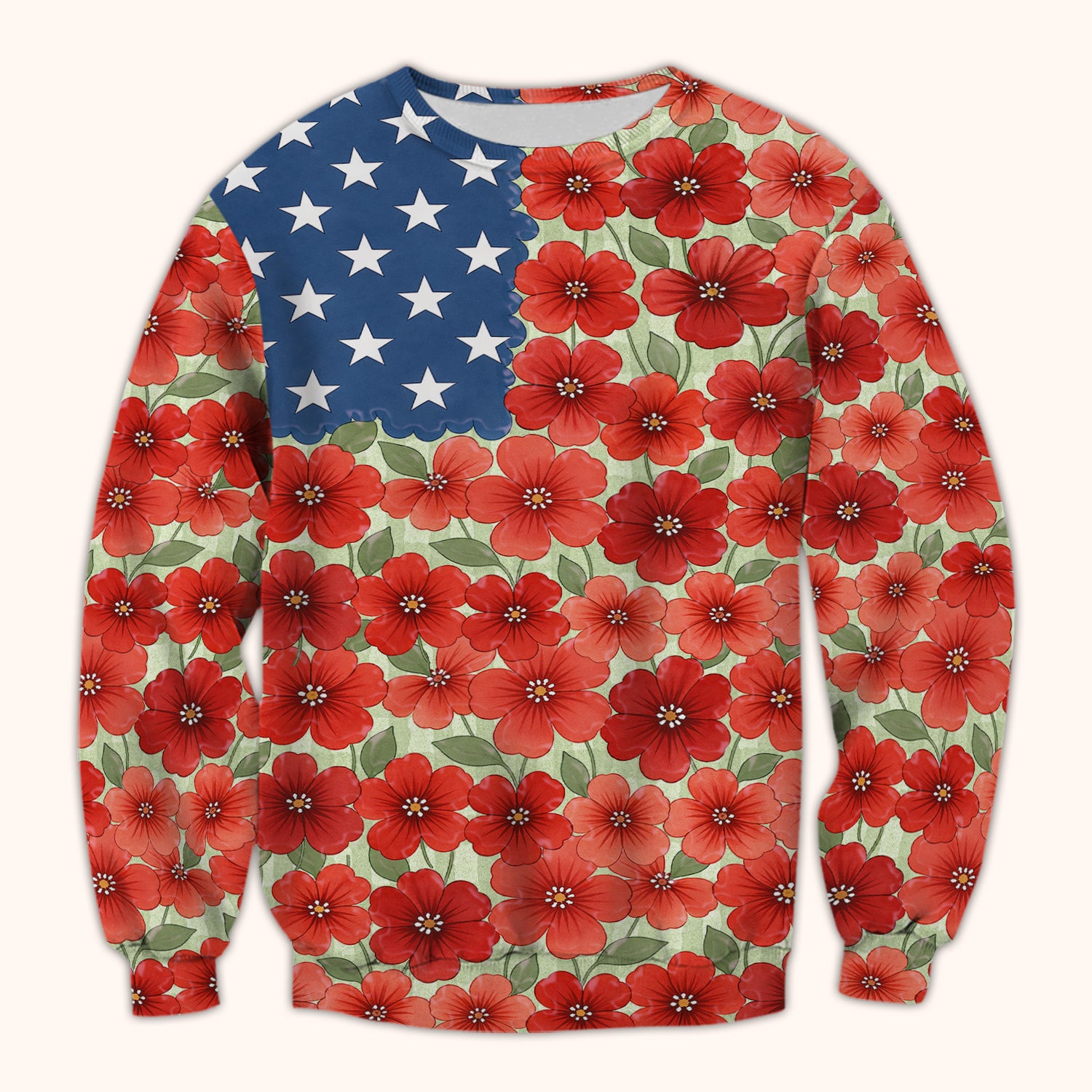 Patriotic USA Flag With Red Floral Blossom Pattern Scrub Top, Comfortable Scrubs for Nurses